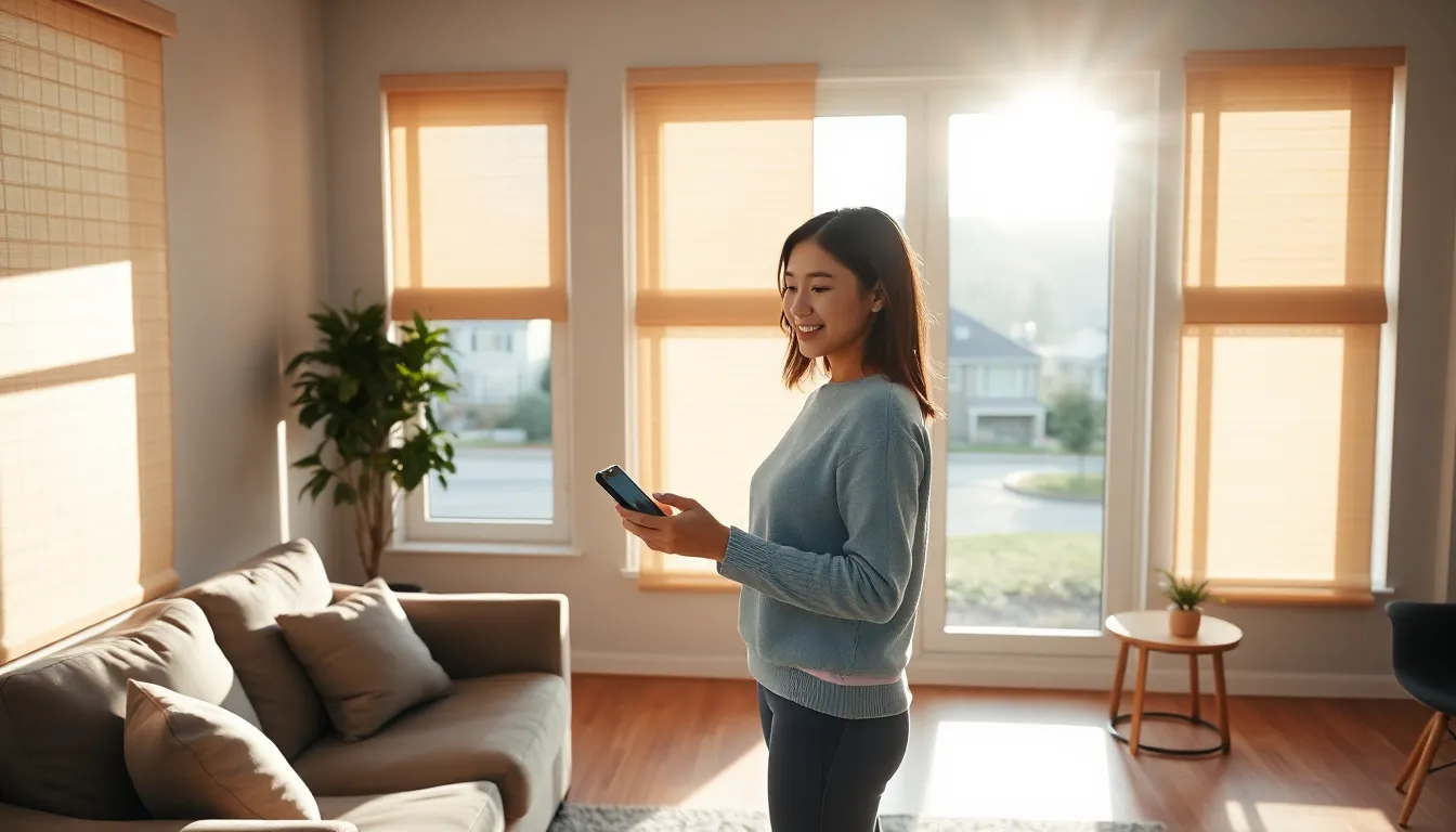 A woman controls smart blinds in a bright living room.