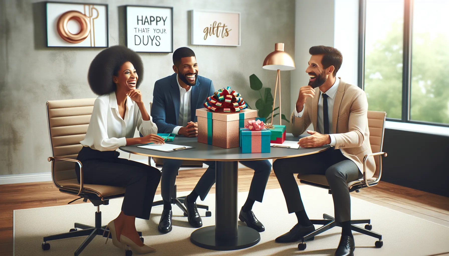 diverse team discussing gift ideas in a modern office.