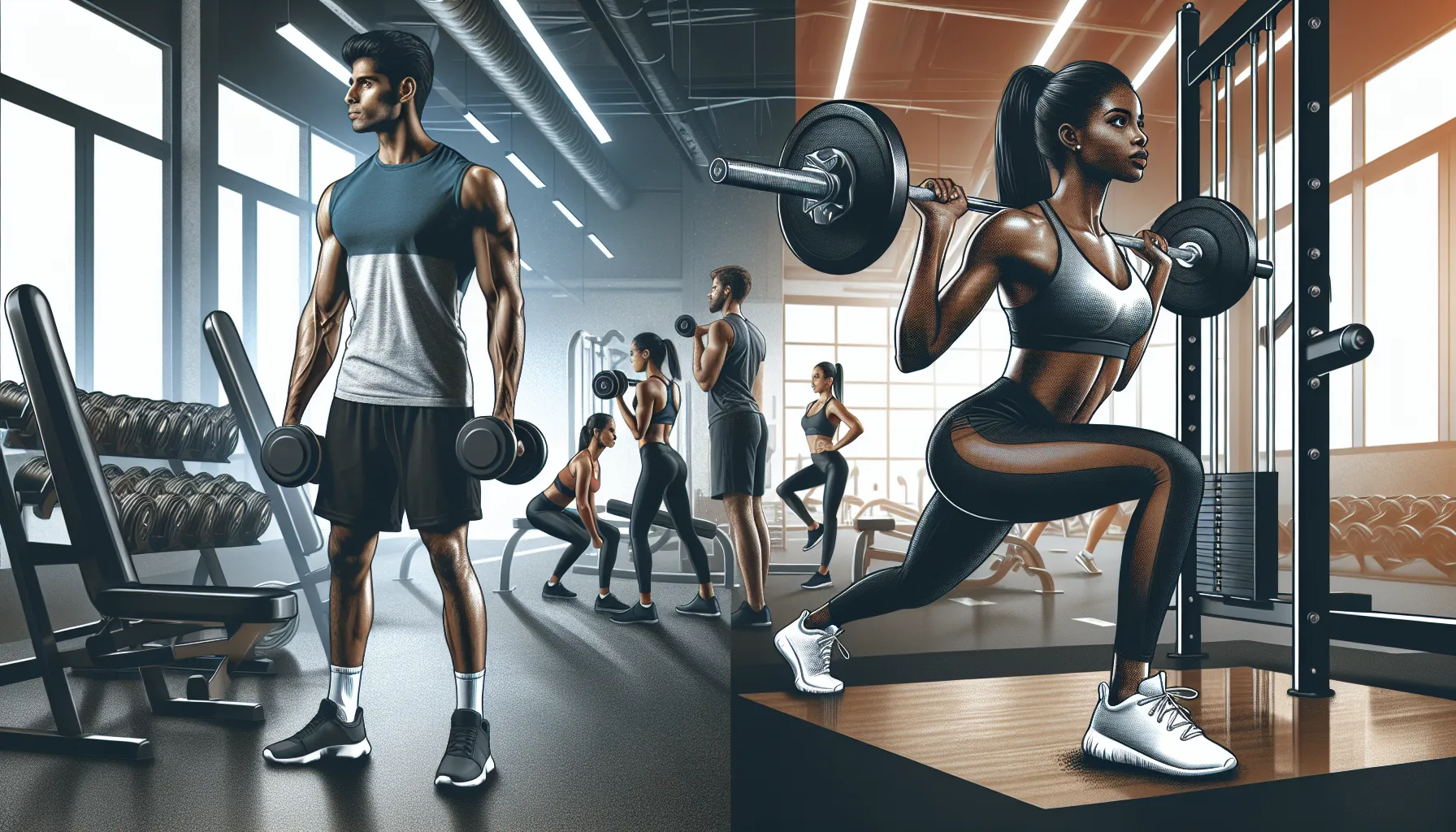 People in a gym performing bicep curls and barbell squats.