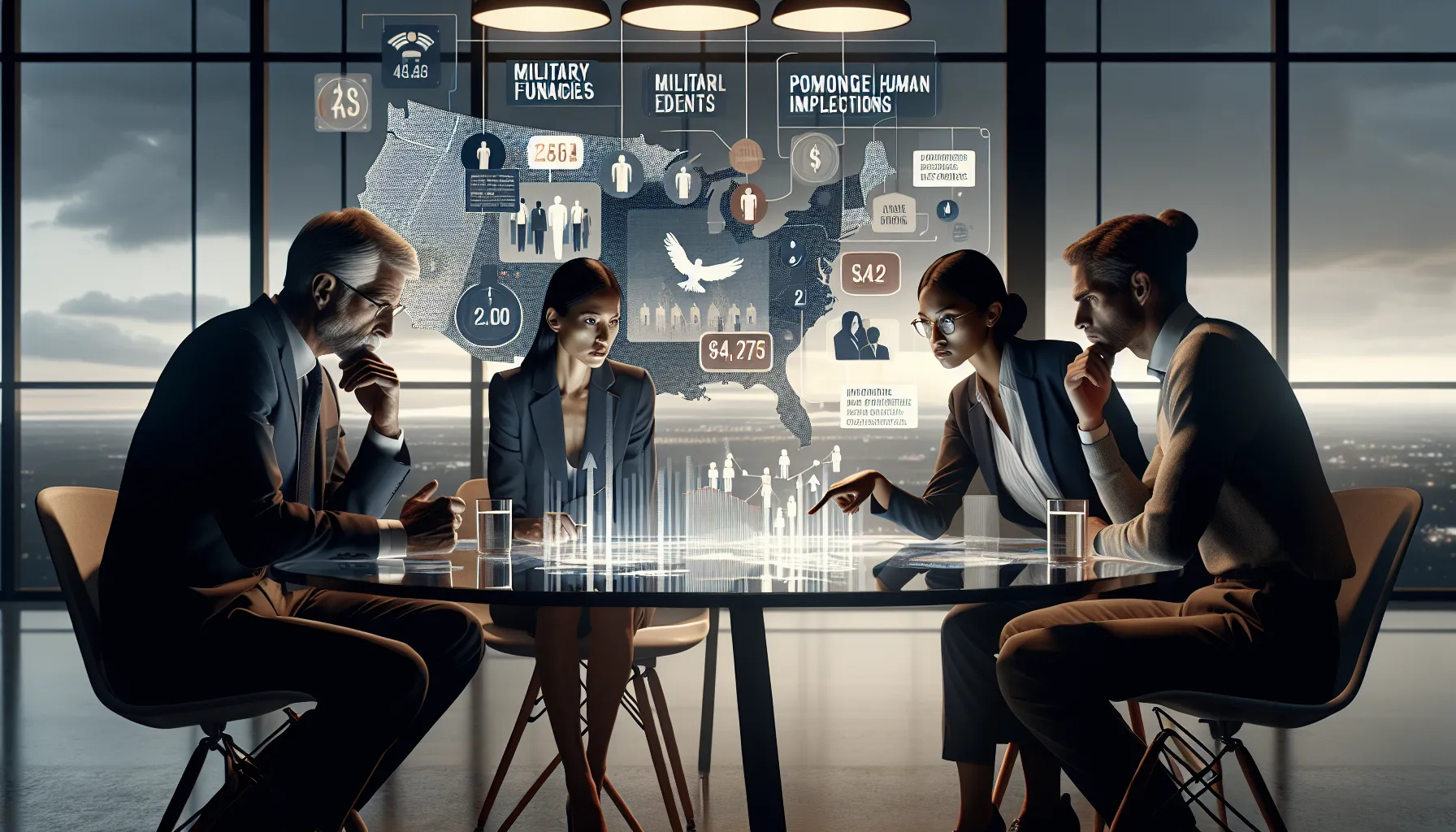 professionals discussing military spending and its impacts in a modern office.