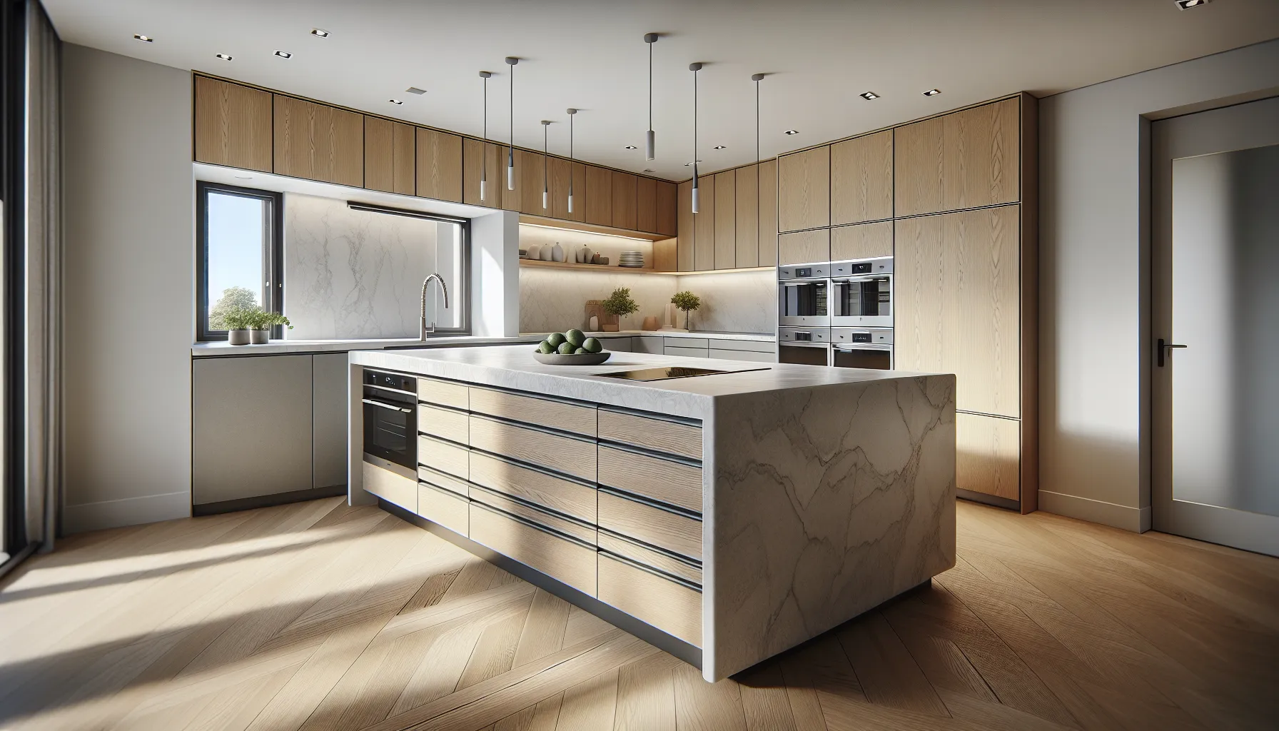 Upgraded norwegian kitchen with stone countertop, quality cabinets, and integrated appliances.