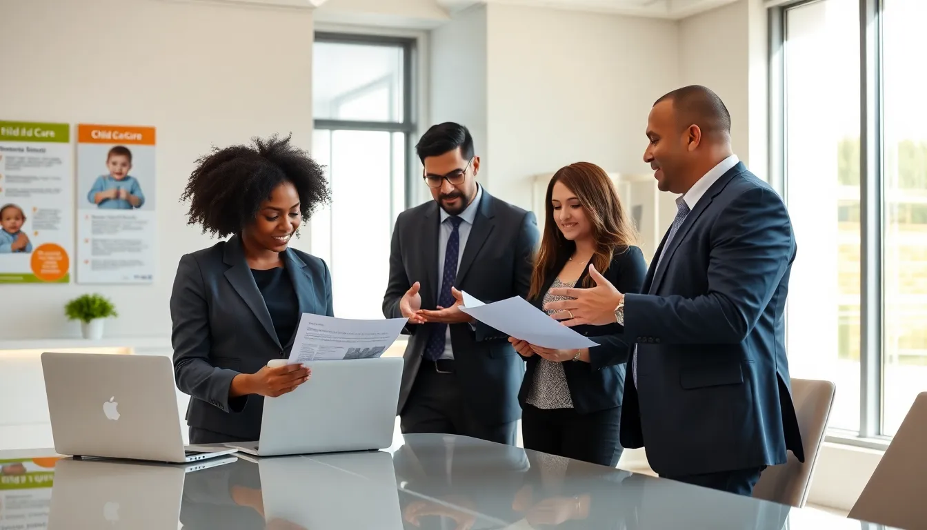 diverse team discussing child care financial assistance programs in a modern office.