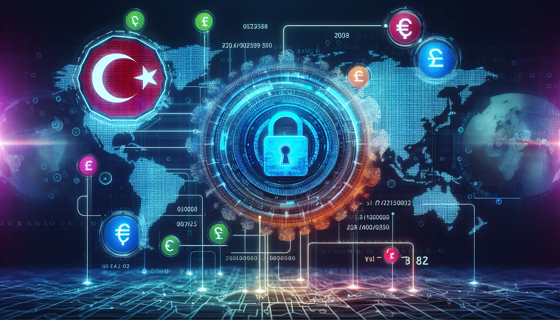 Secure payment and data protection depicted with digital locks and transaction icons.