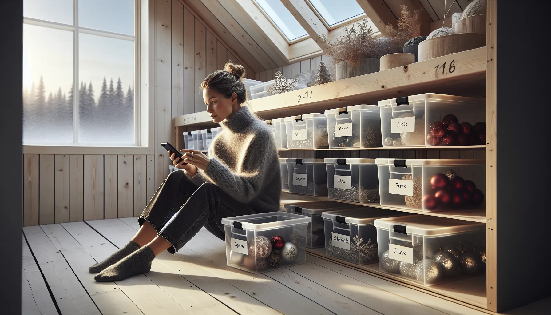 Slik lagrer du julepynt og sesongdekorasjoner effektivt 1 Norwegian woman organizing labeled boxes of seasonal decor in a bright loft.