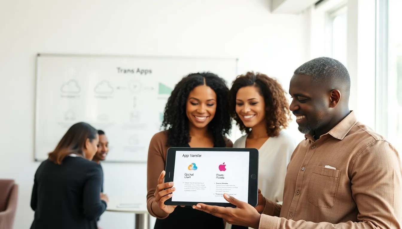 professionals discussing app transfer methods in a modern office