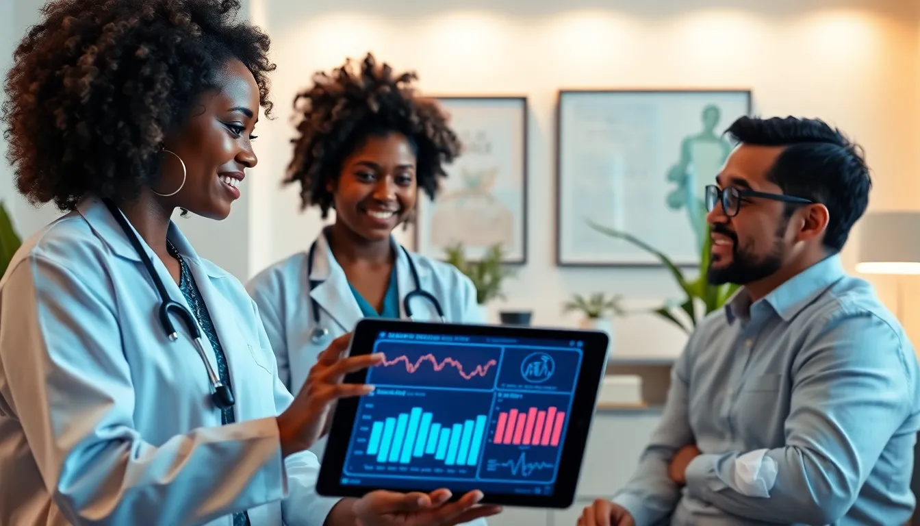 health professionals discussing hormonal wellness in a modern office.