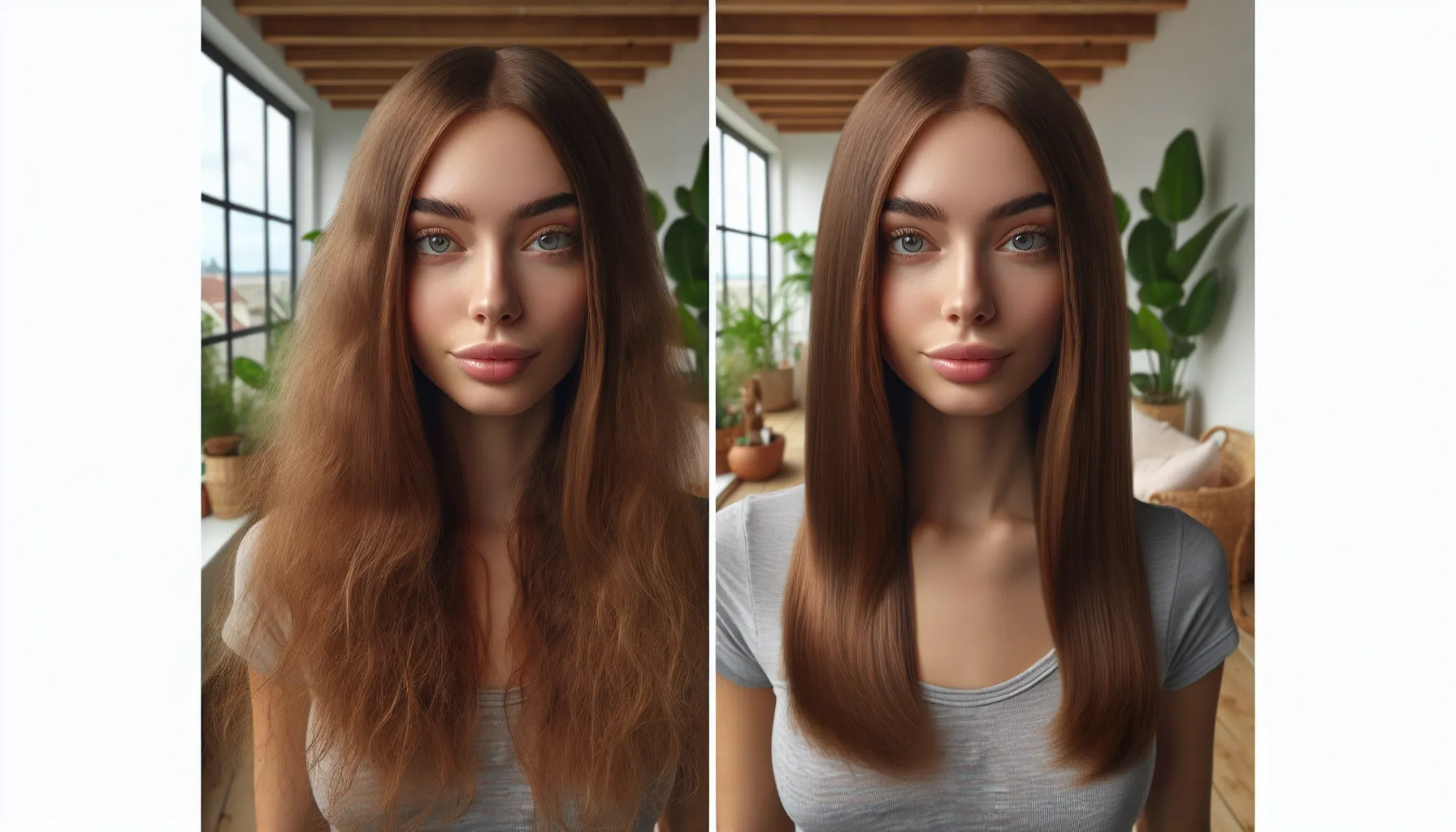 A woman showing before and after effects of castor oil on hair.