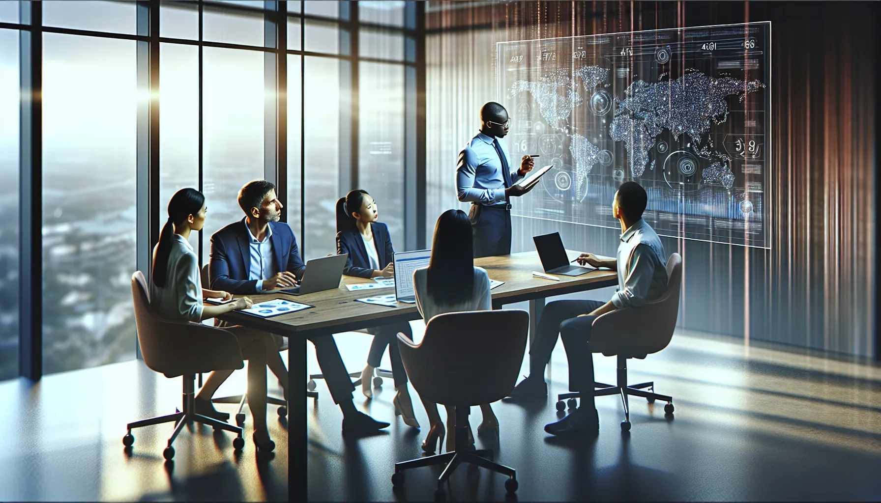 diverse team discussing data in a modern office setting.