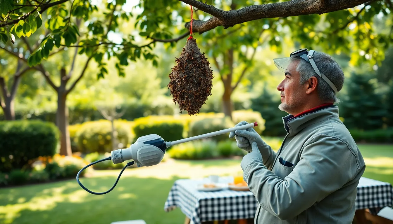 pest control specialist removing a wasp nest in a garden.