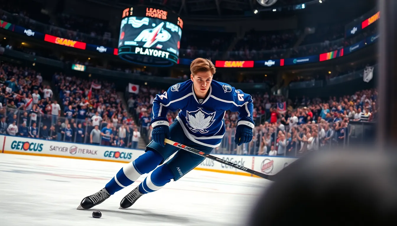 a young hockey player maneuvers the puck during an intense NHL game.
