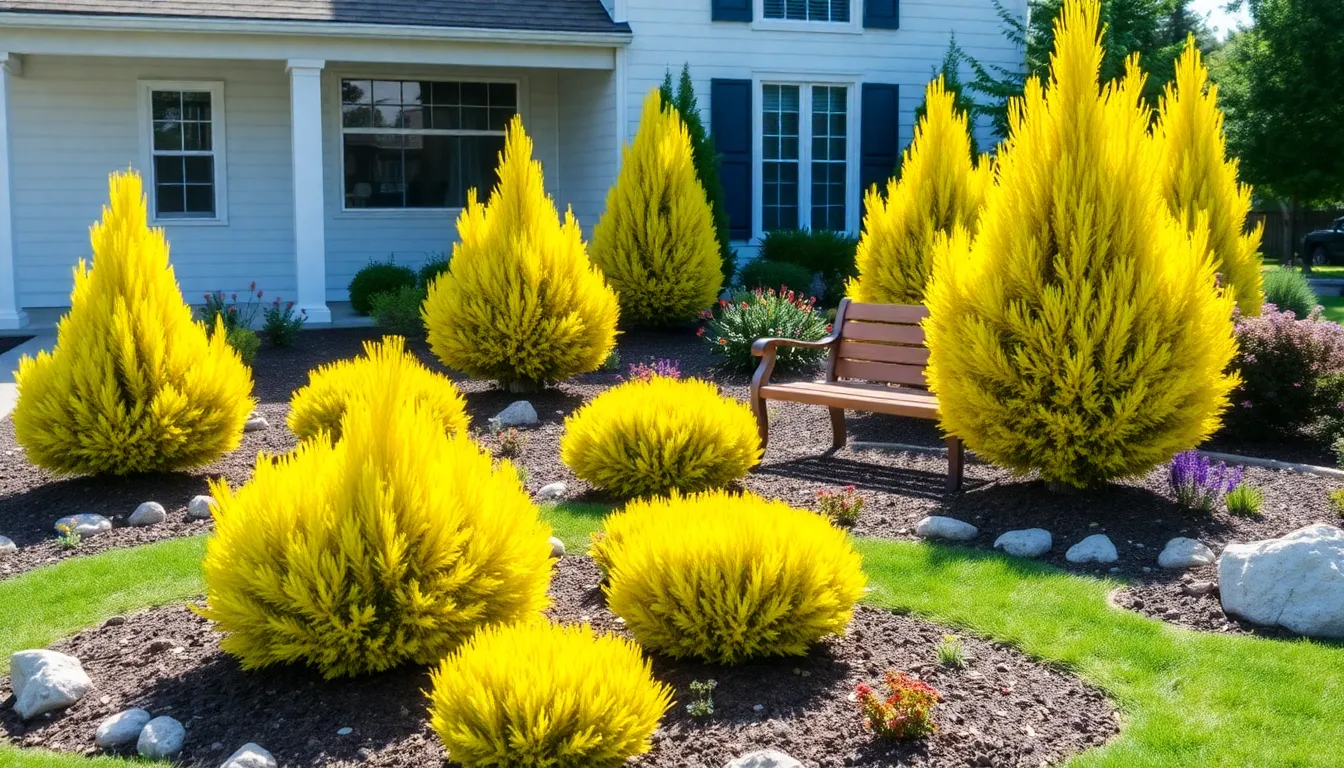 vibrant Golden Mop Cypress shrubs in a landscaped garden setting.