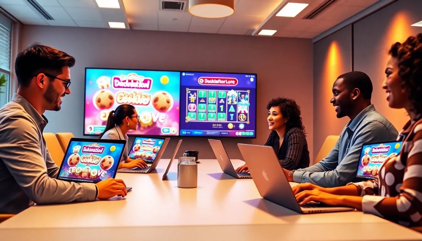 professionals discussing Dadunation Slot Cookiesforlove games in a modern office.