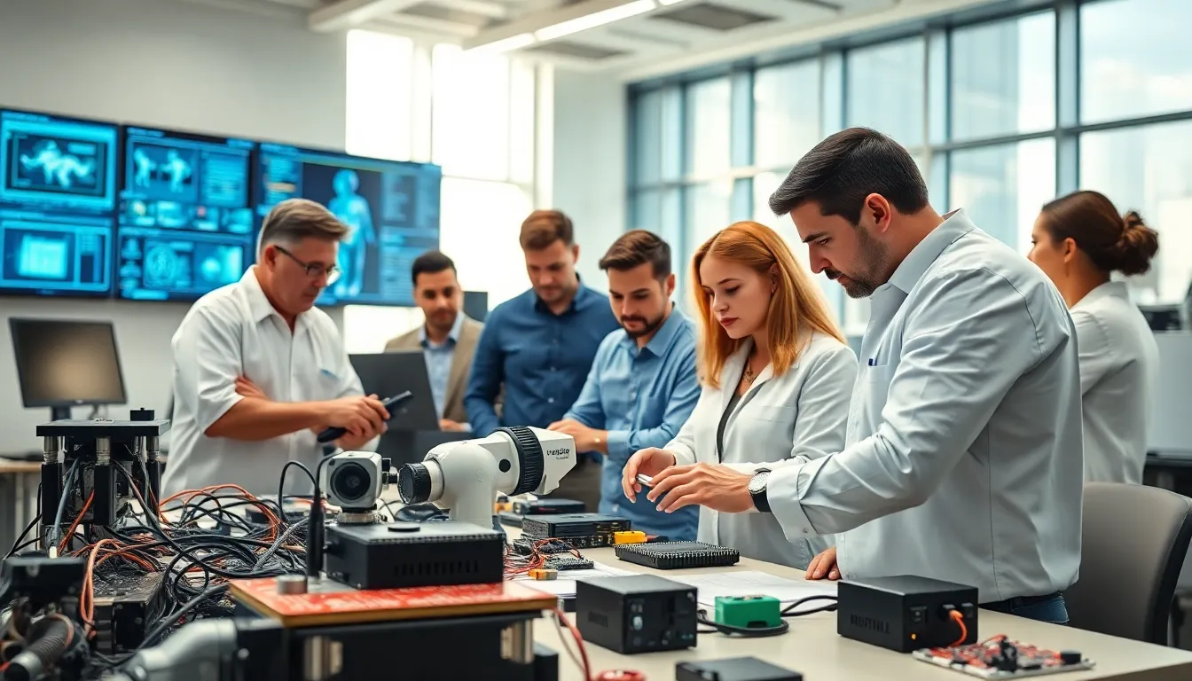 diverse team collaborating in a modern robotics engineering lab.