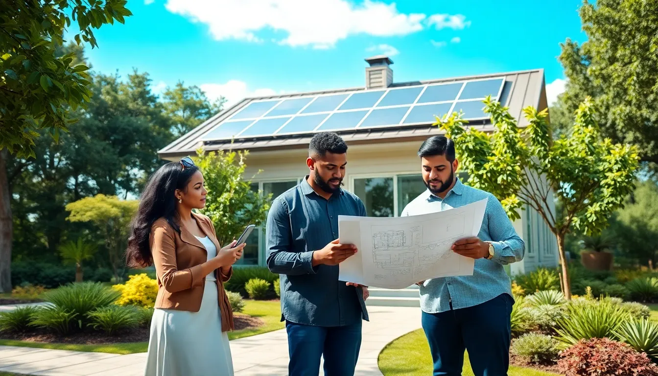 diverse professionals discussing sustainable home design in a green environment.