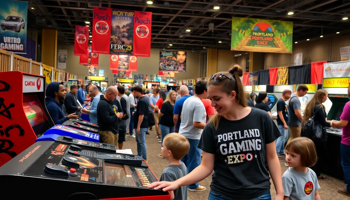 diverse attendees enjoying classic games at the Portland Retro Gaming Expo.
