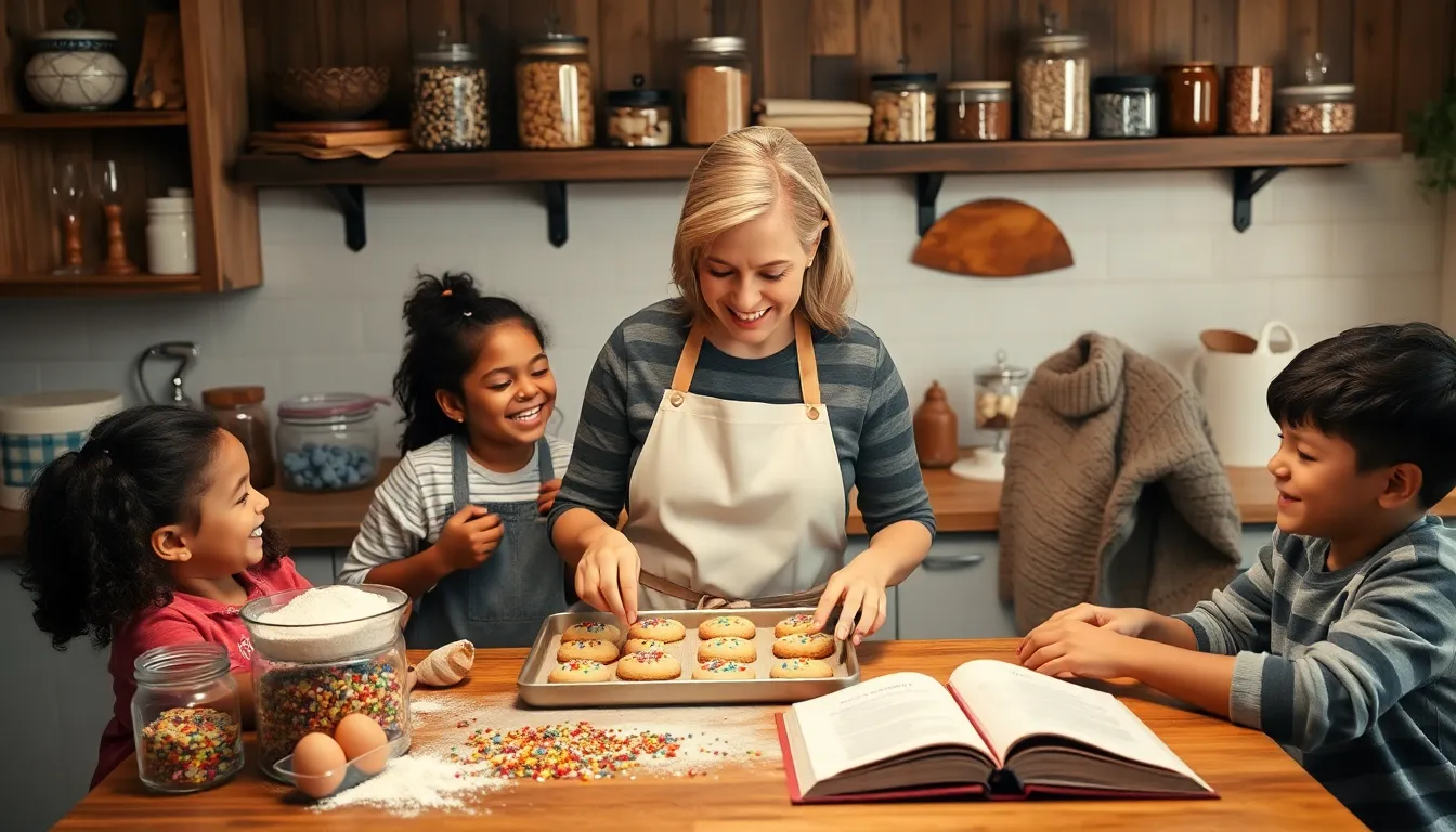 family baking cookies together in a warm kitchen setting.