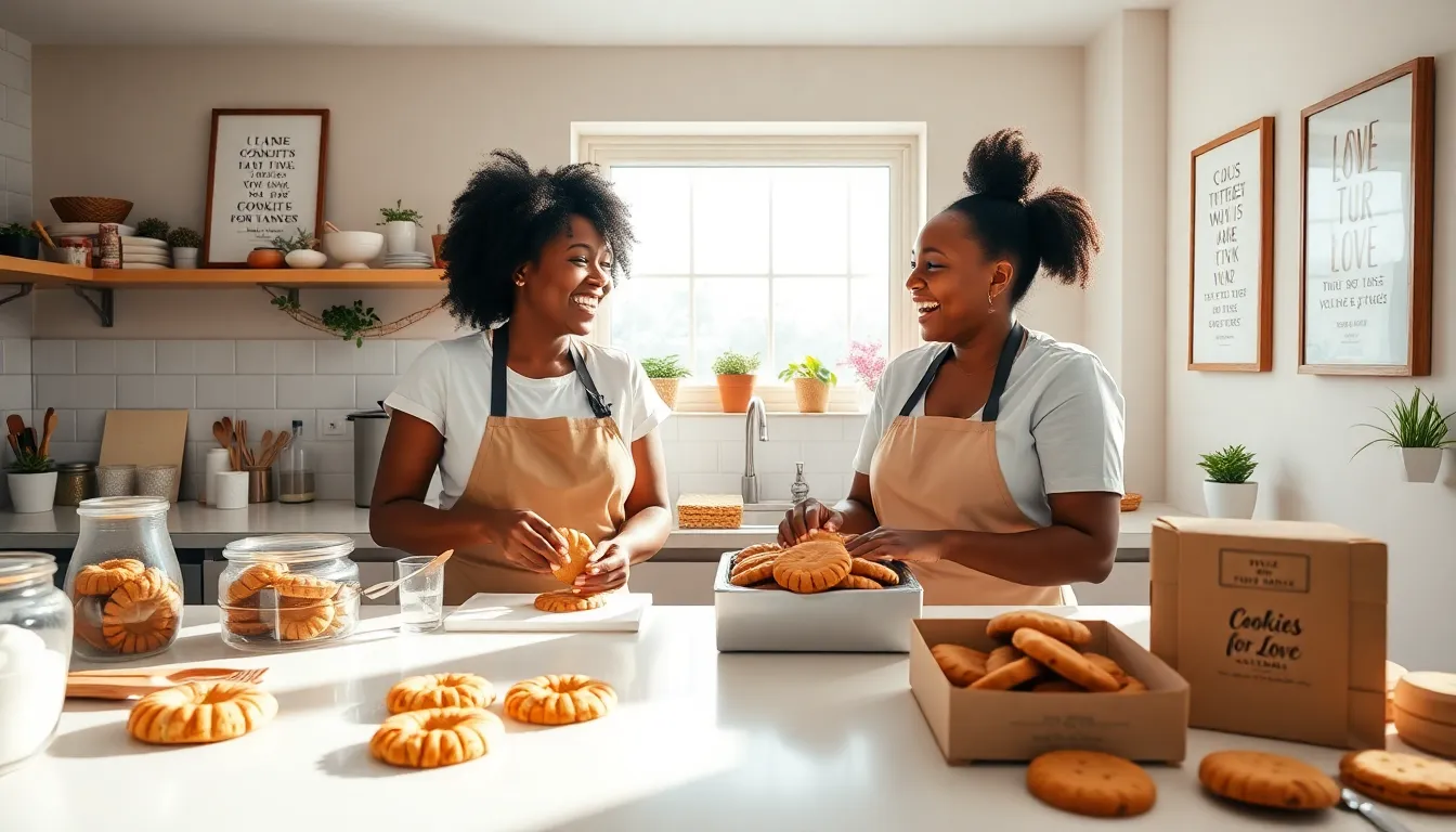 two bakers joyfully creating cookies in a bright kitchen.