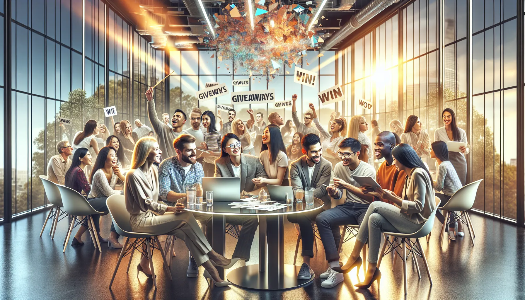 diverse group discussing giveaways in a modern co-working space.