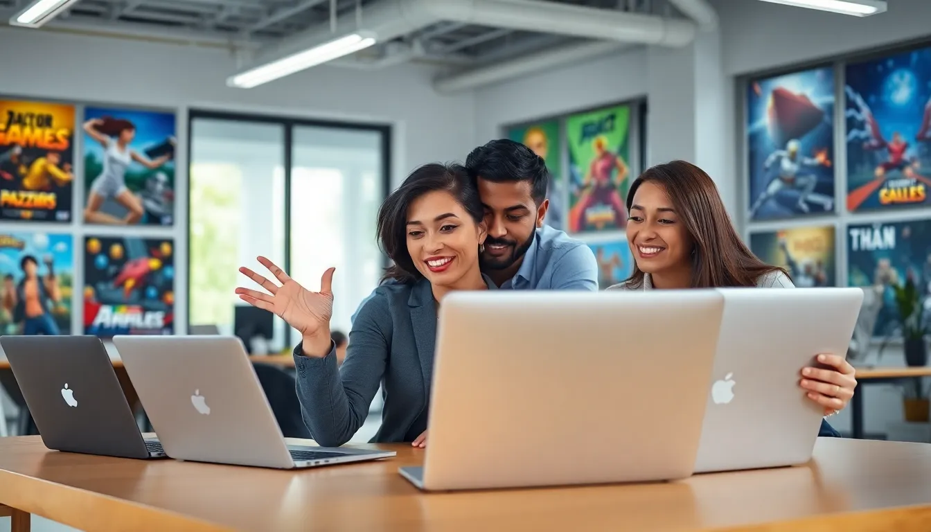 diverse team of developers collaborating in a modern gaming office.
