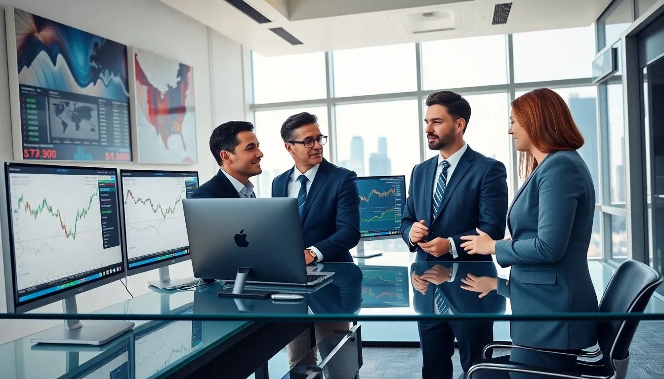 professionals analyzing financial charts in a modern trading office.