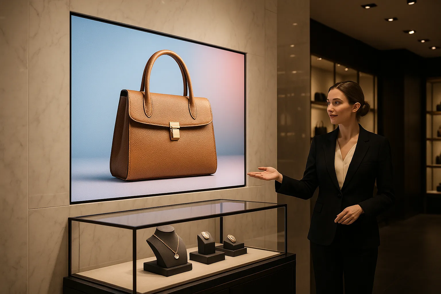 Ultra-slim LED display seamlessly recessed into a marble wall inside a luxury retail store.