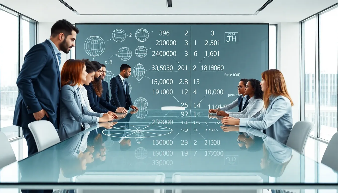 diverse professionals discussing numbers in a modern office setting.