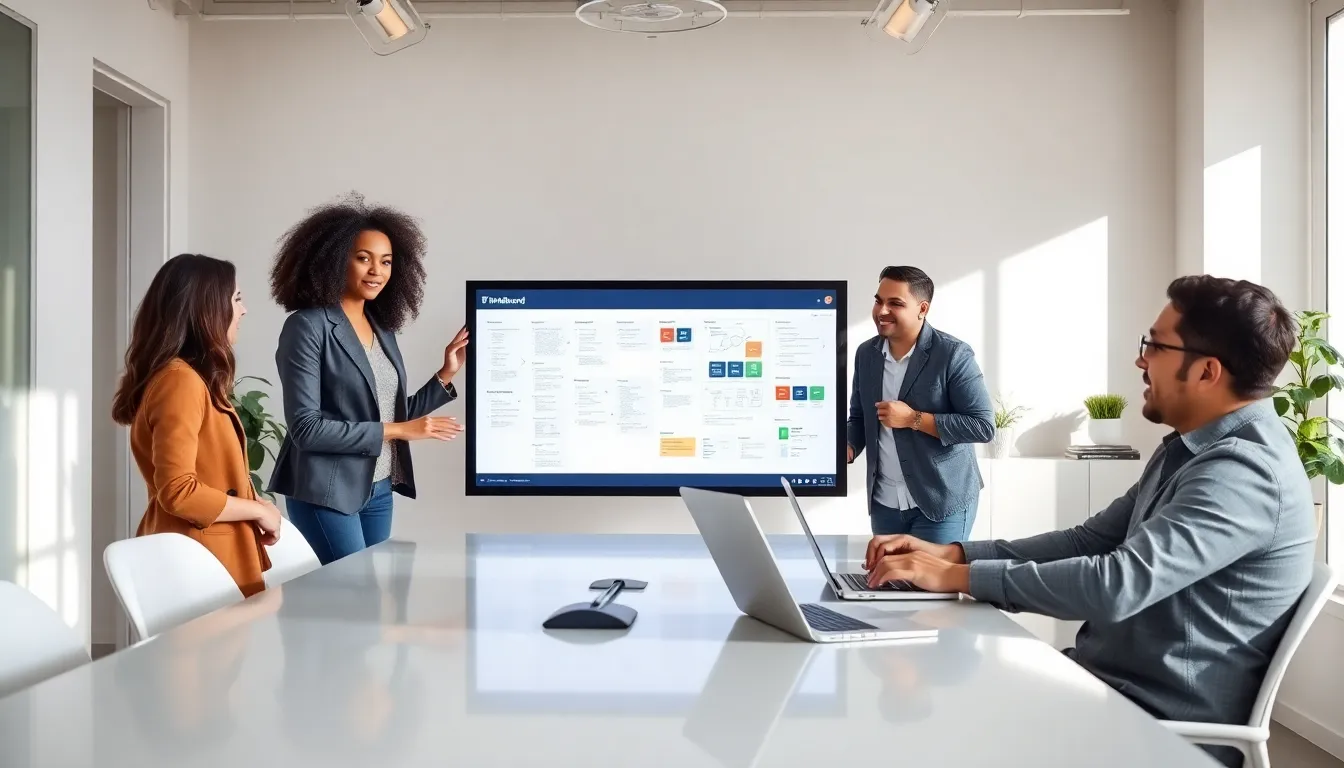 diverse team collaborating on Fumbleboard in a modern office.