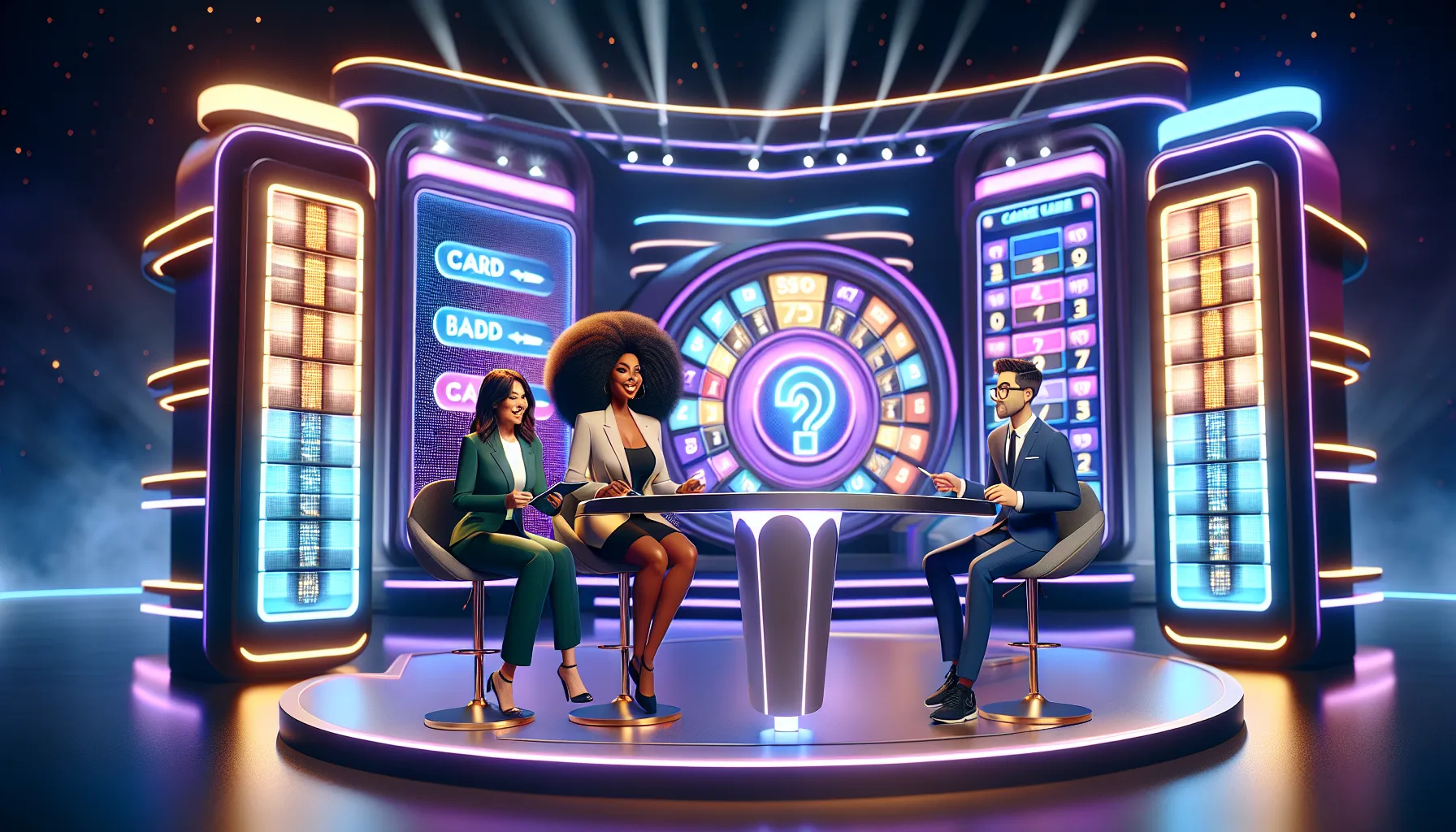 diverse contestants participating in a vibrant game show setting.