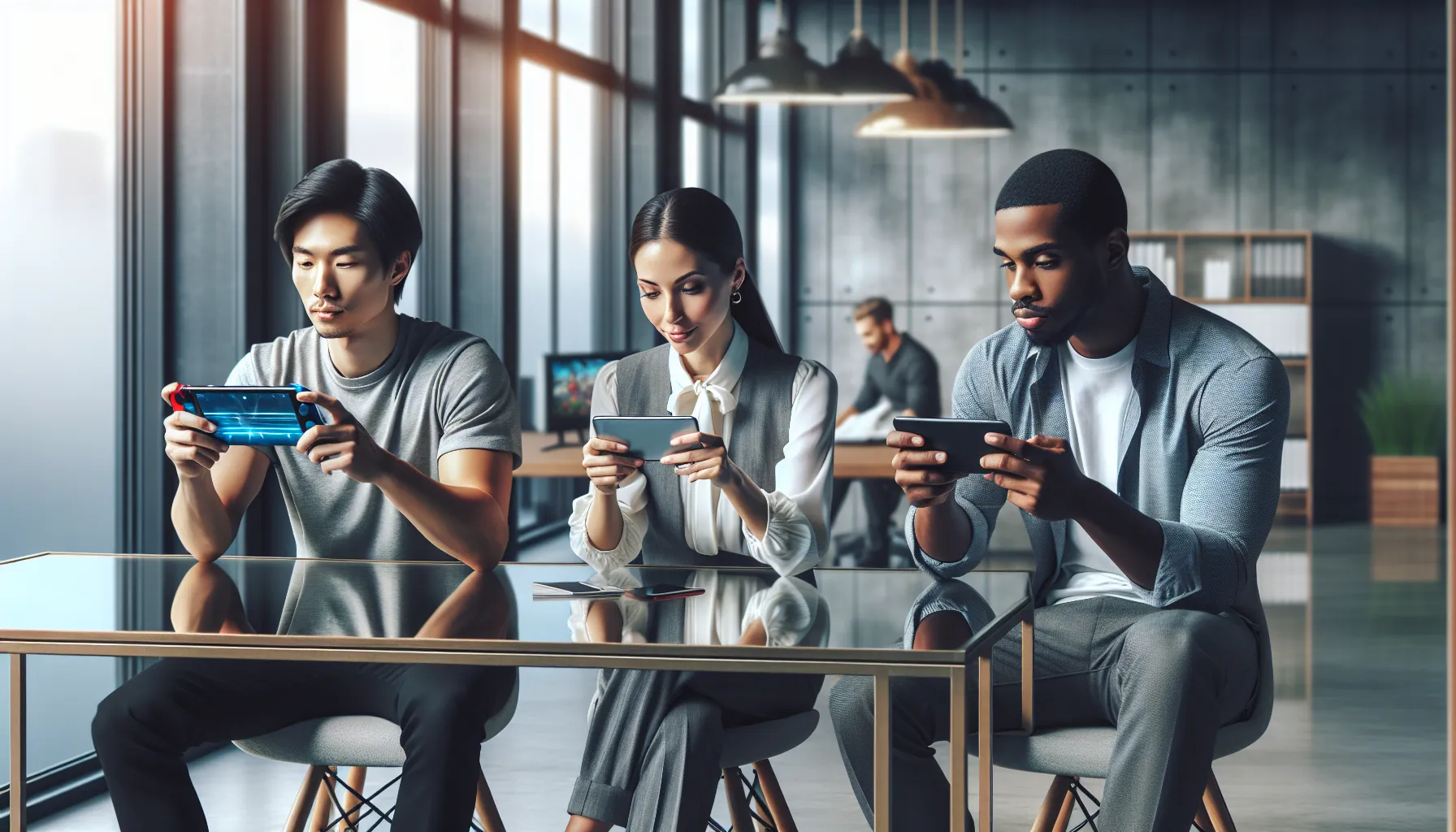 professionals engaging with portable gaming devices in an office setting.