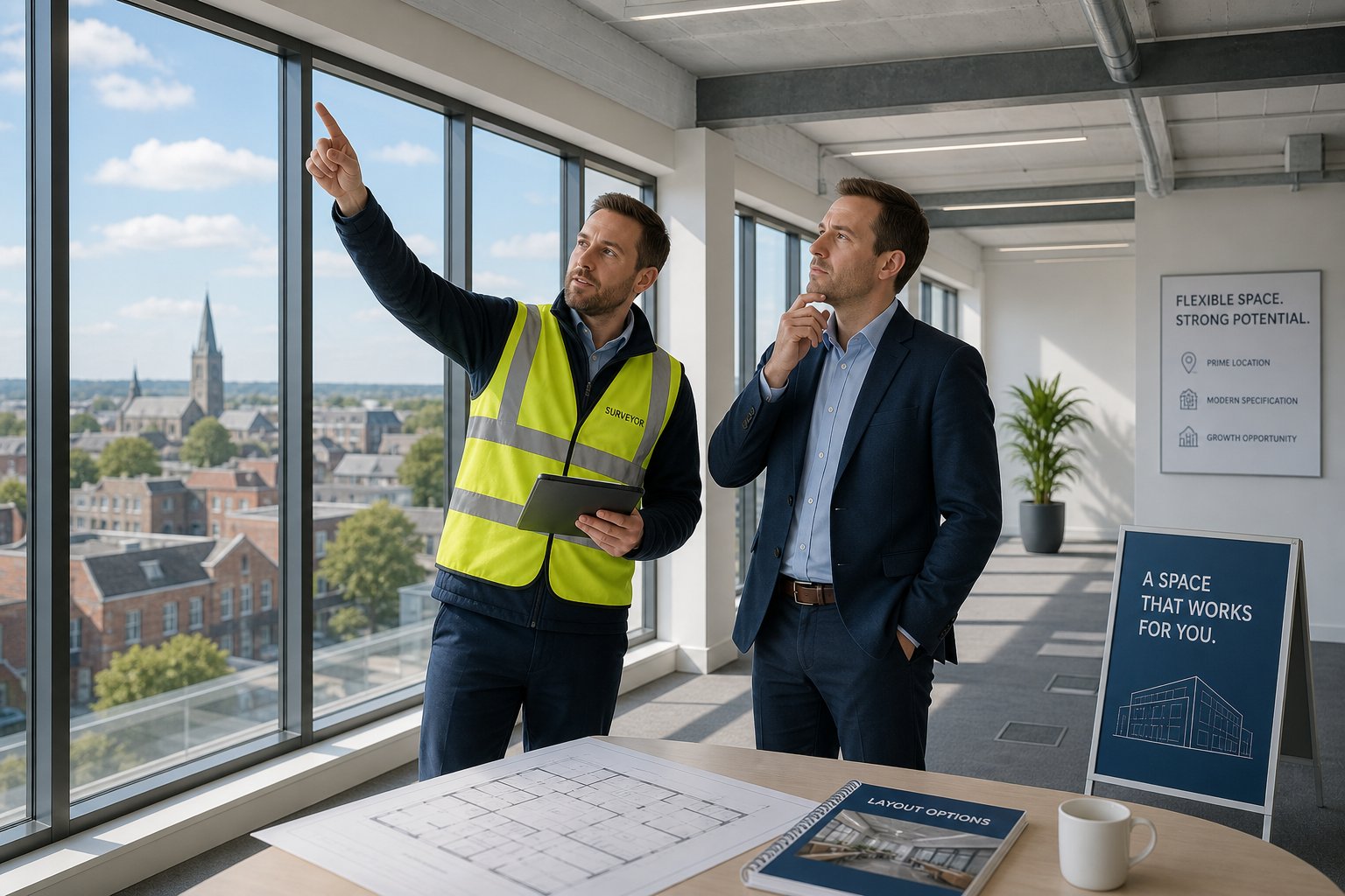 Surveyor and buyer inspecting a bright commercial office space during a property site visit.