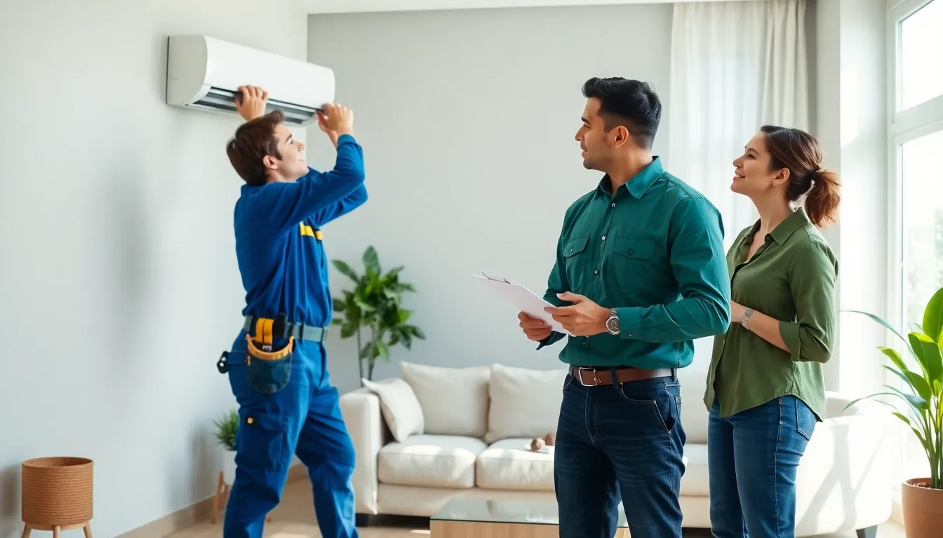 diverse technicians inspecting HVAC in a modern living room.