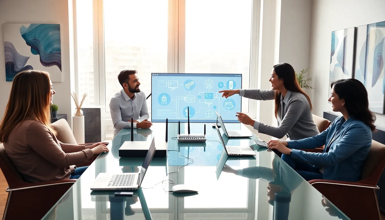 professionals discussing home networking solutions in a modern office.
