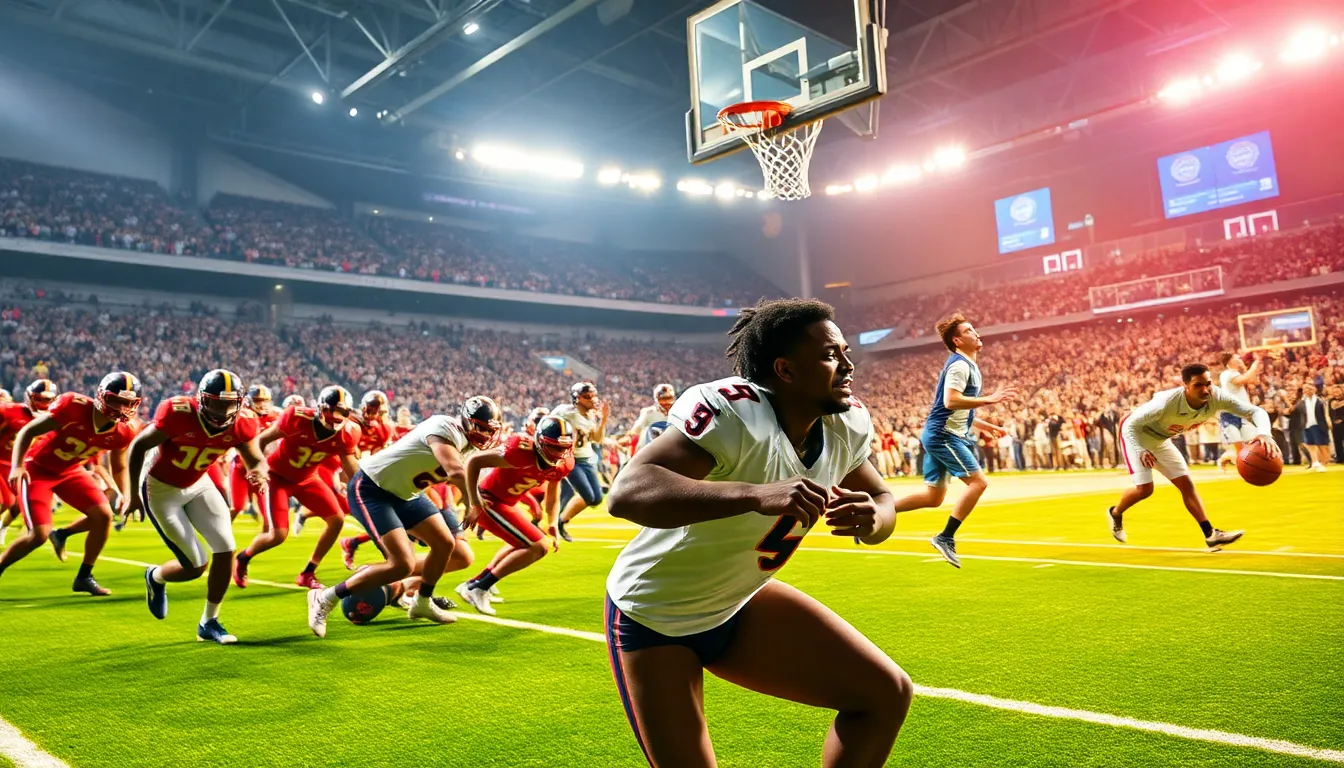 collage of football and basketball highlights with diverse athletes.