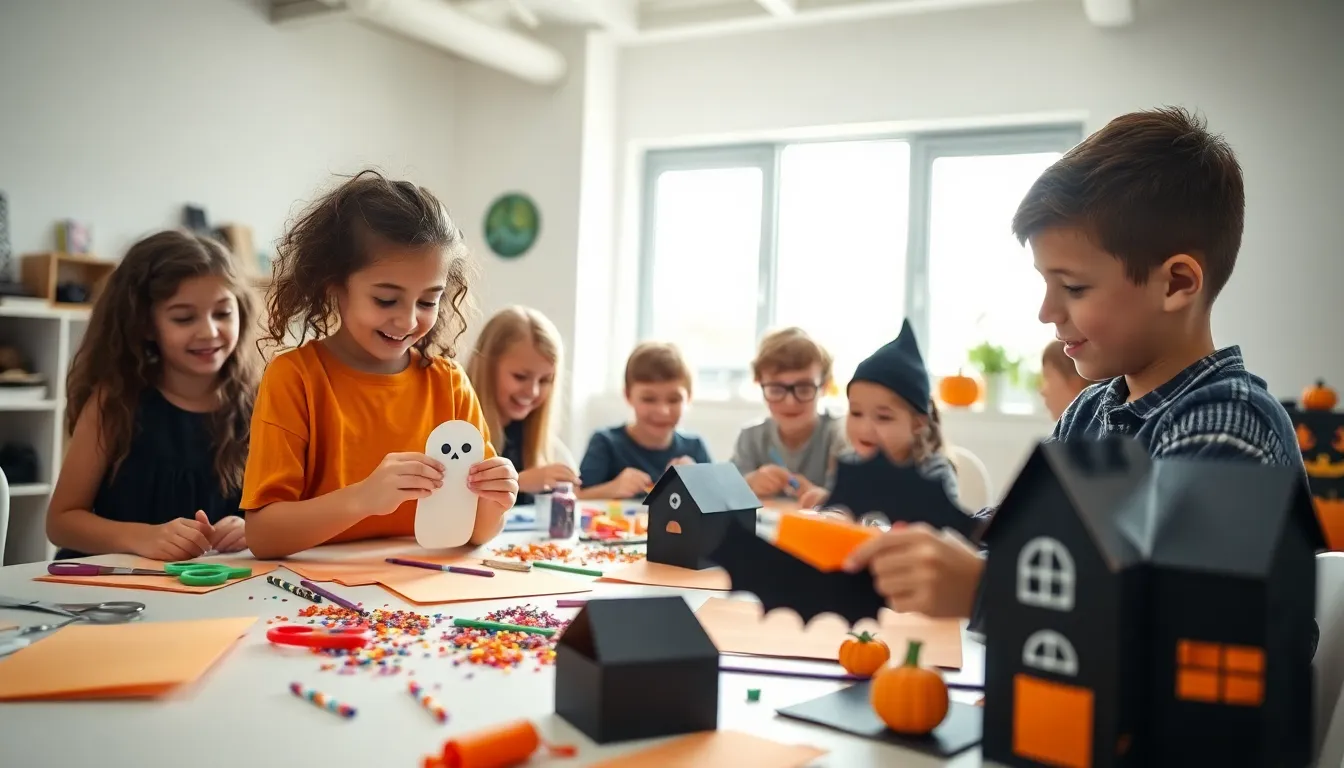 children making Halloween crafts in a colorful craft room.