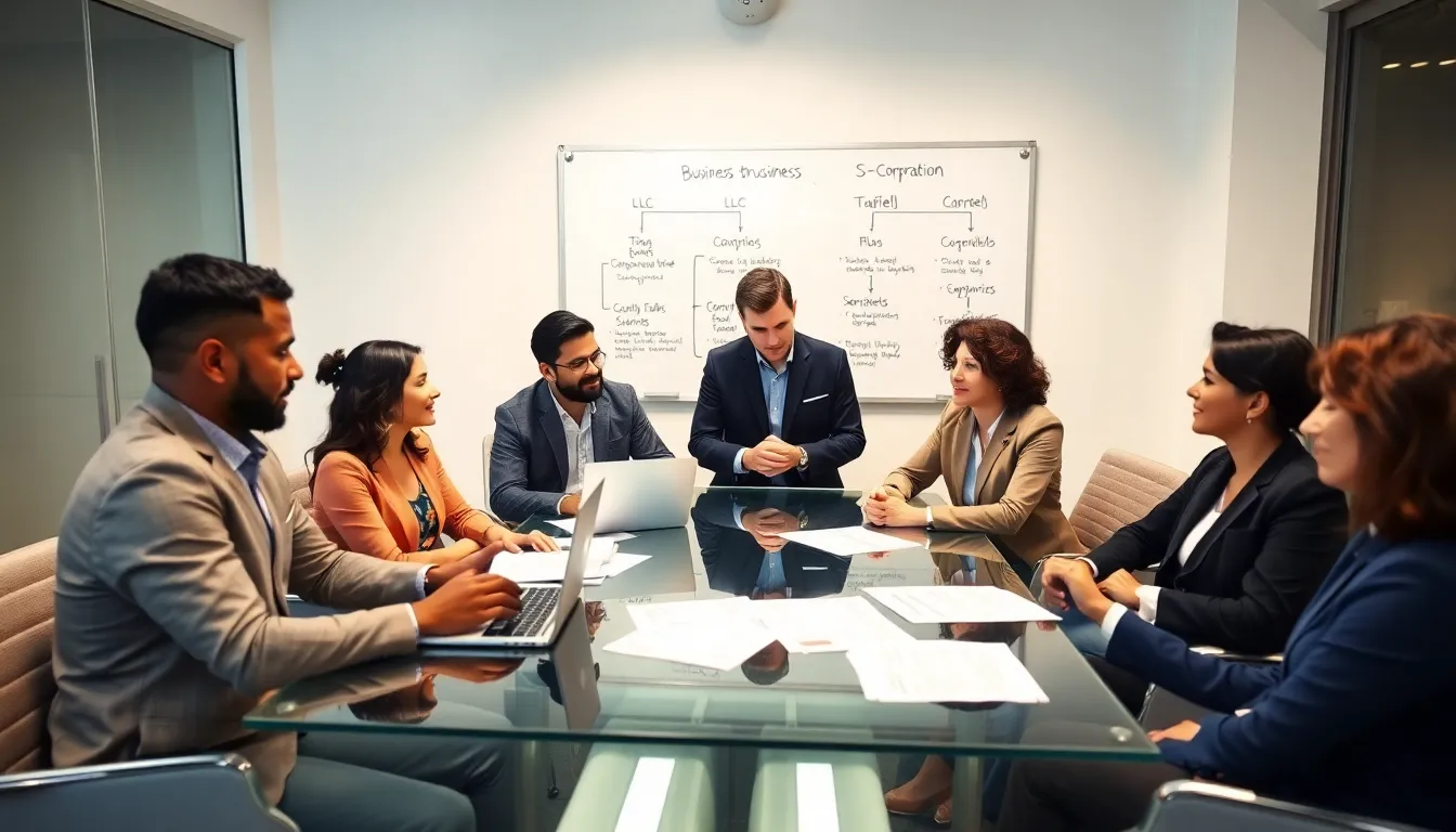 diverse small business owners discussing tax strategies in a modern office.