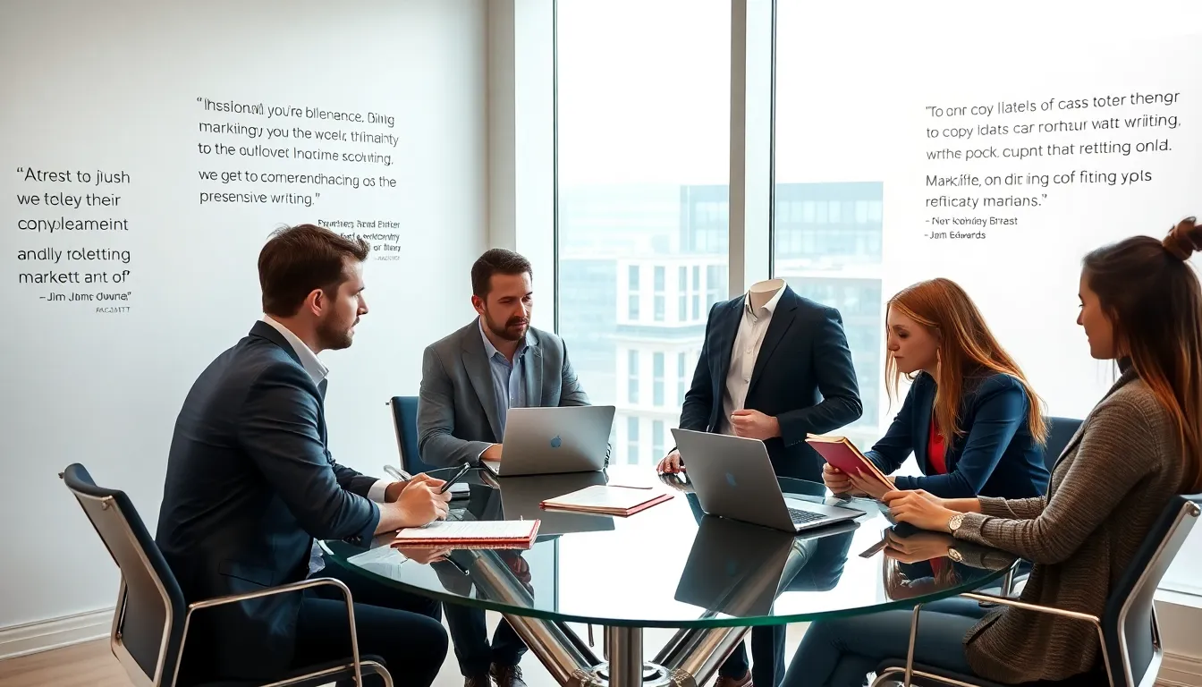 Jim Edwards with a diverse team in a modern office, discussing copywriting strategies.