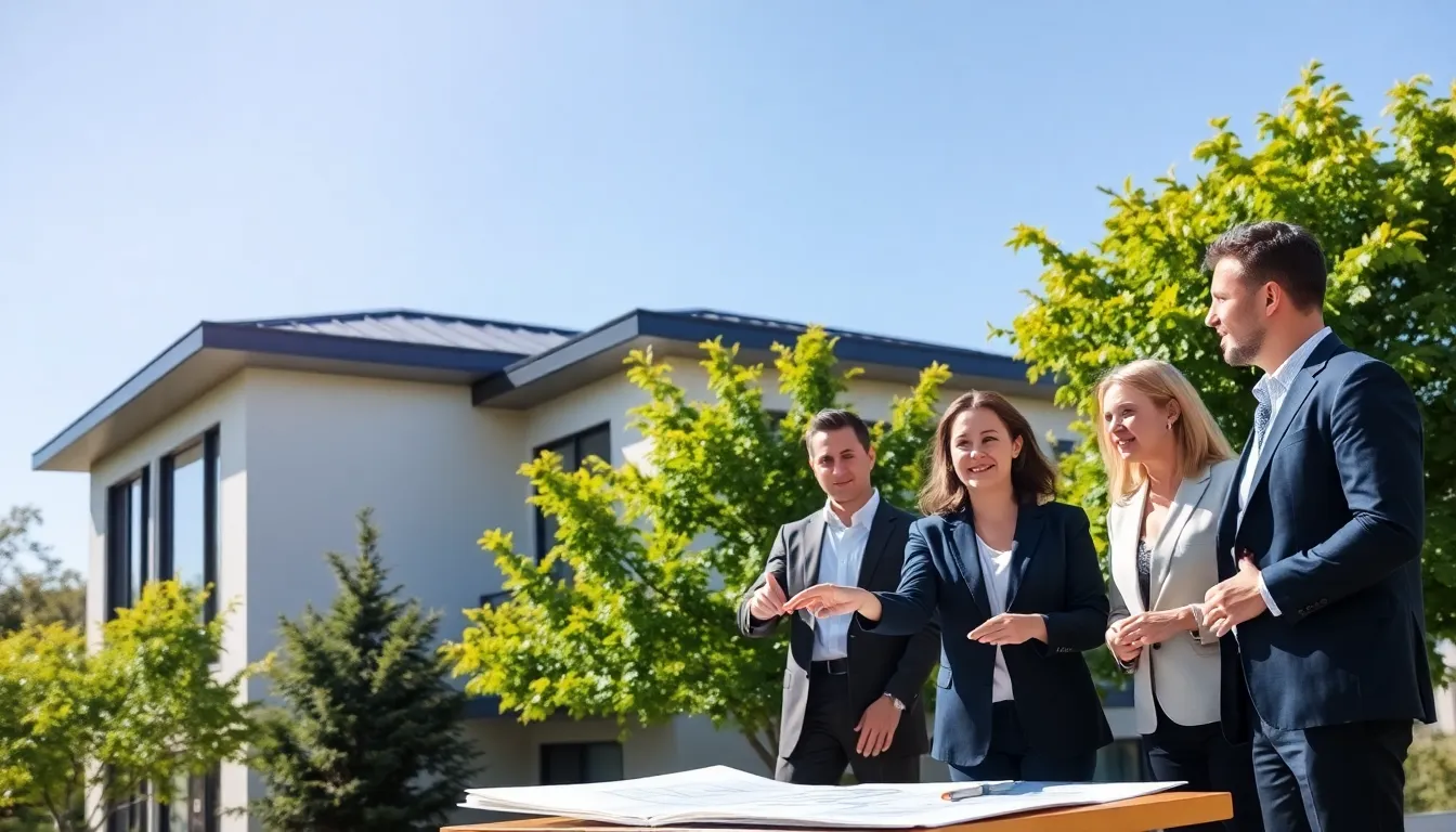 professionals discussing a vinyl roofing project at a modern building.