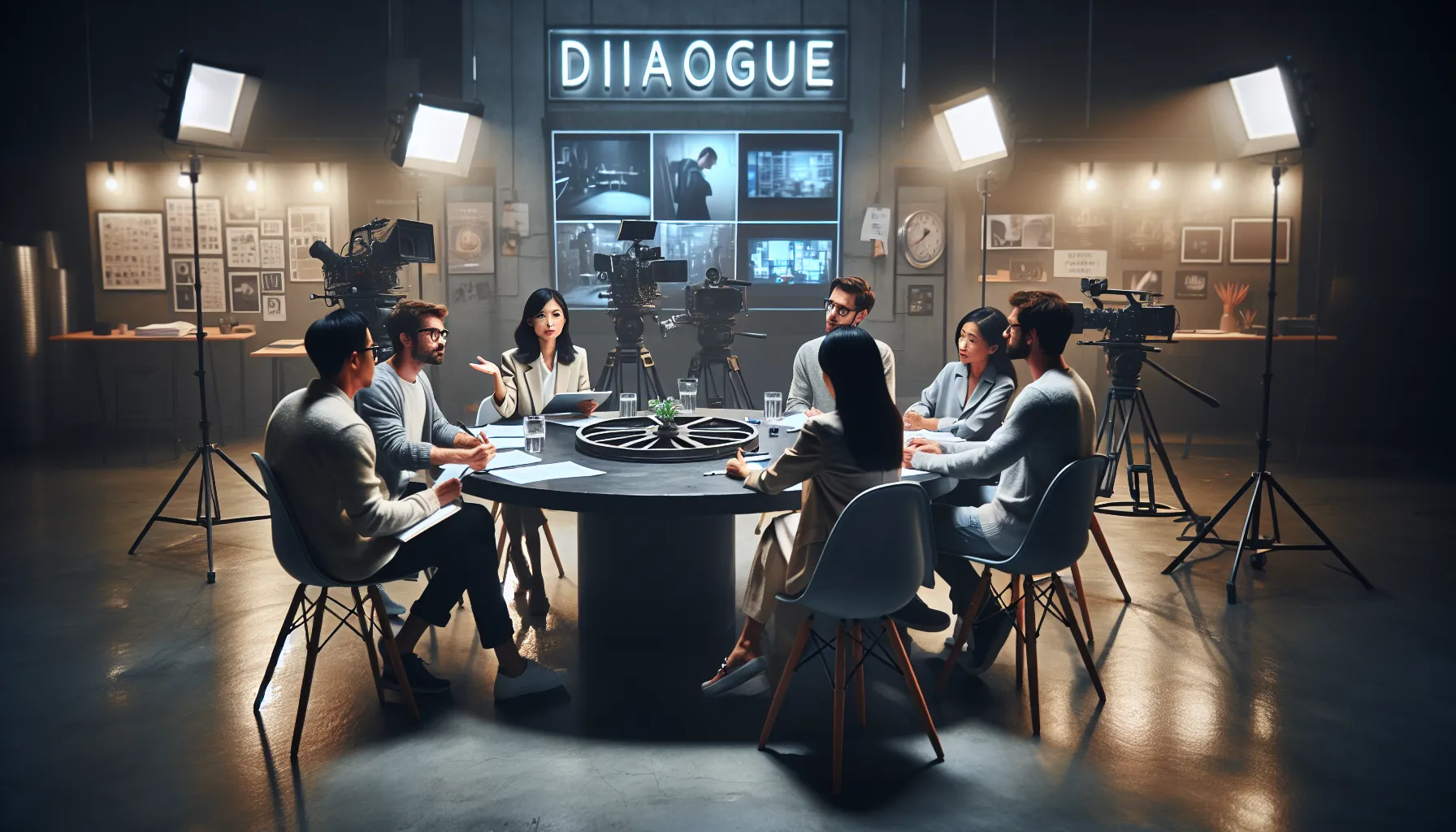 A meeting among professionals discussing media production strategies in a modern studio setting.