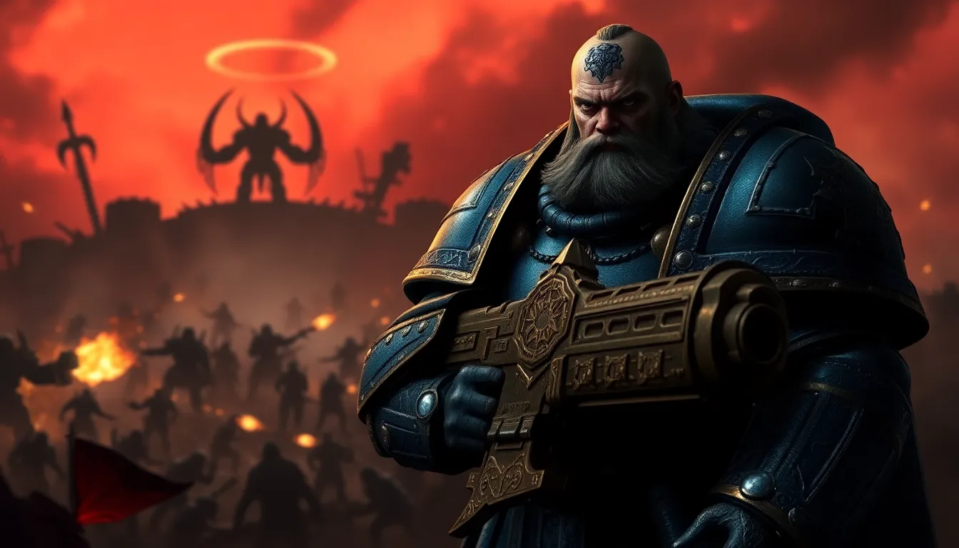 A Space Marine stands in battle, with chaos and daemons in the background.