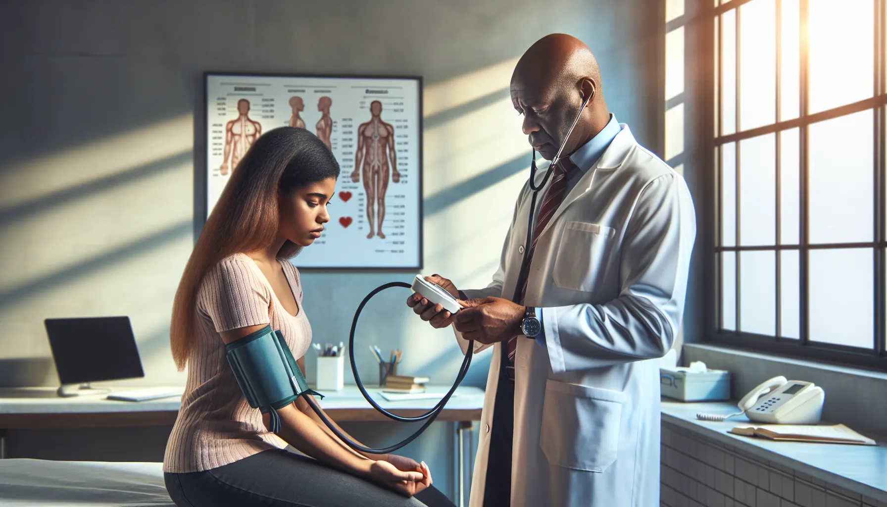 a doctor measuring a patient's diastolic blood pressure in a clinic.