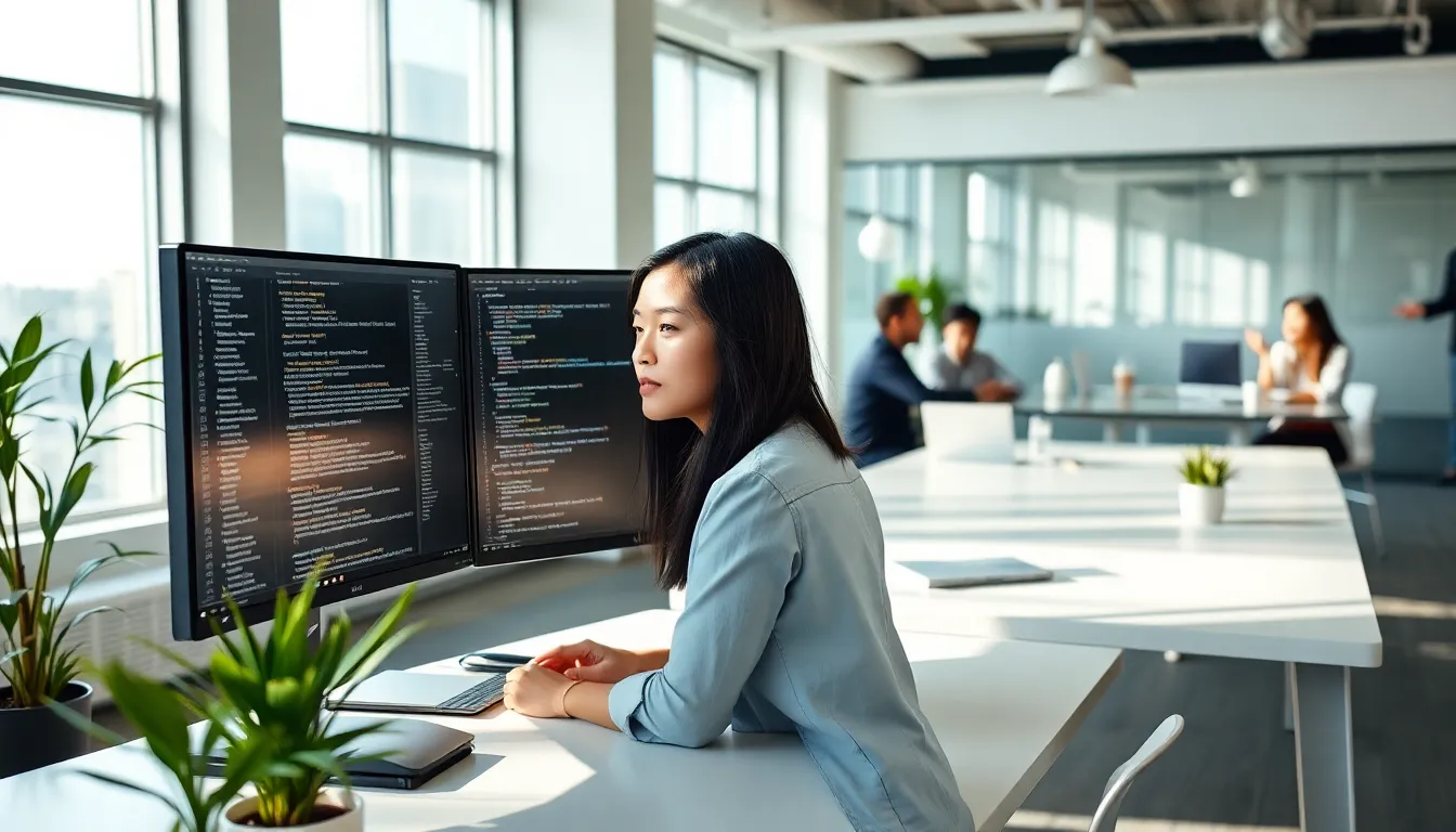 Junior DevOps Engineer coding in a modern office environment.