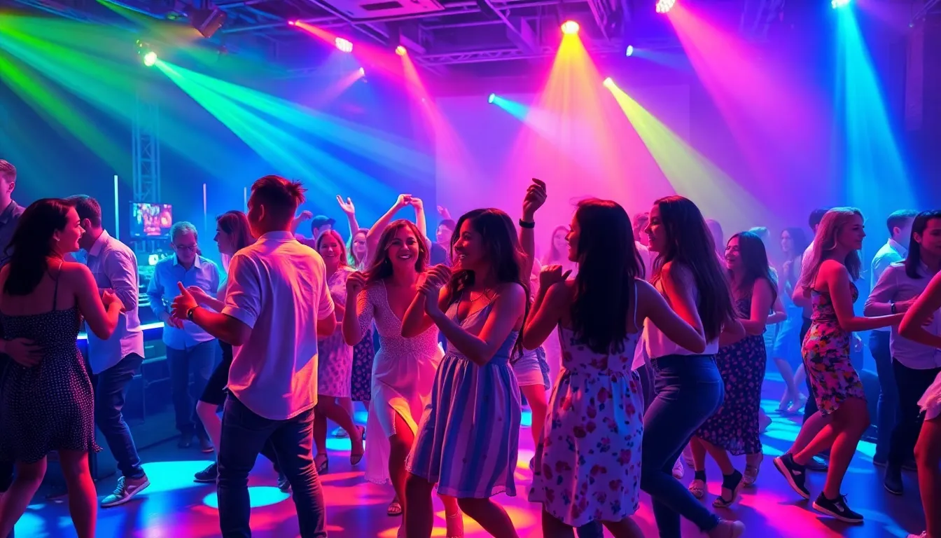 diverse group dancing in a vibrant club scene.