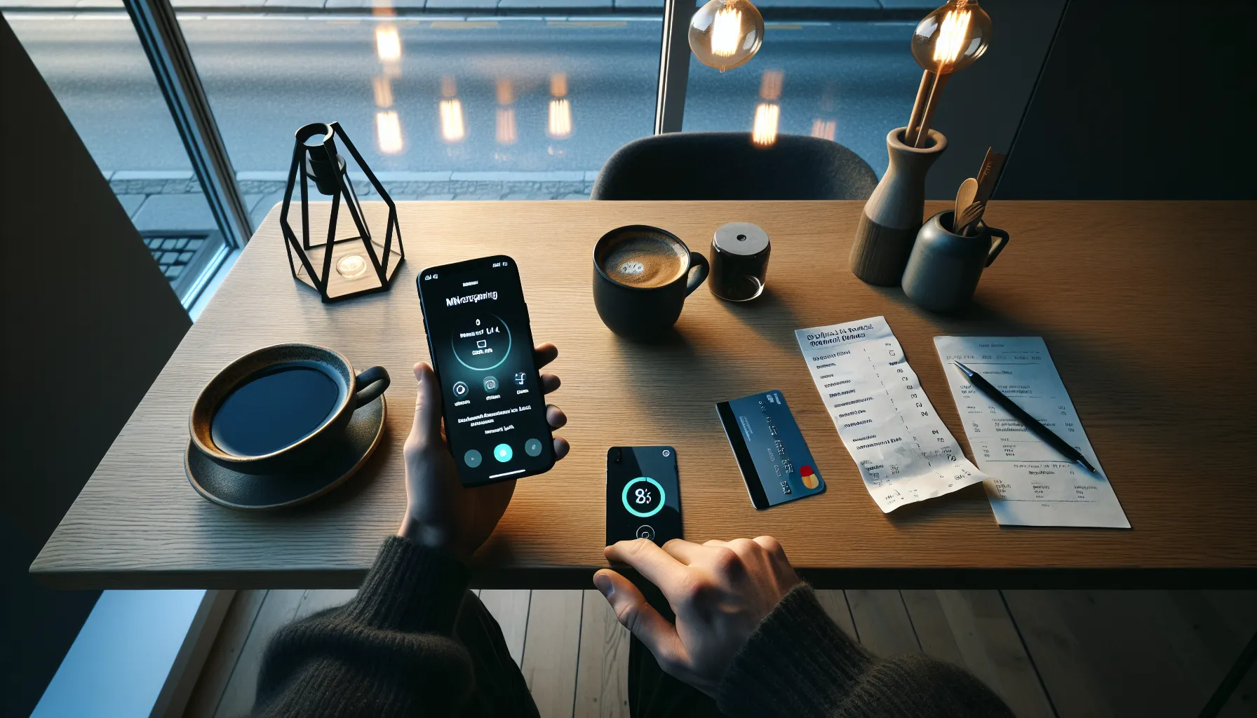 Norwegian adult checks banking app showing micro-savings round-ups and goal progress.