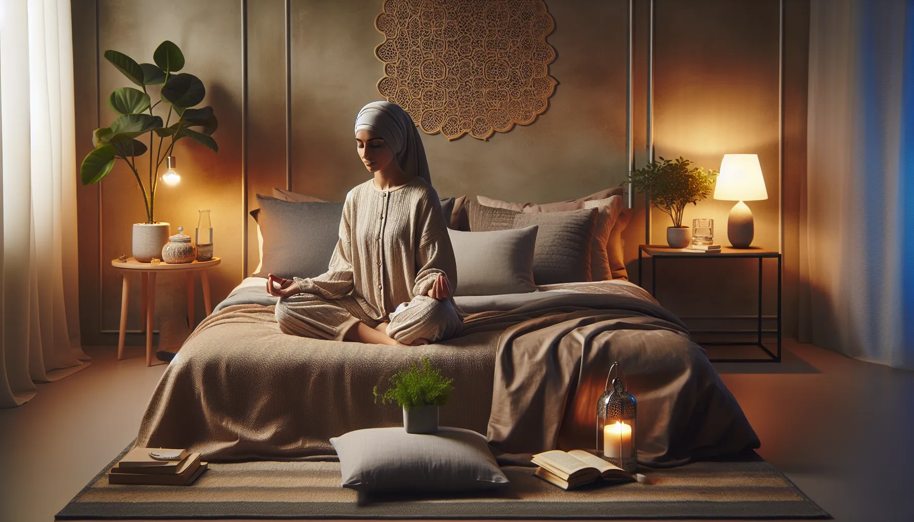 woman meditating in a serene bedroom for improved sleep hygiene.