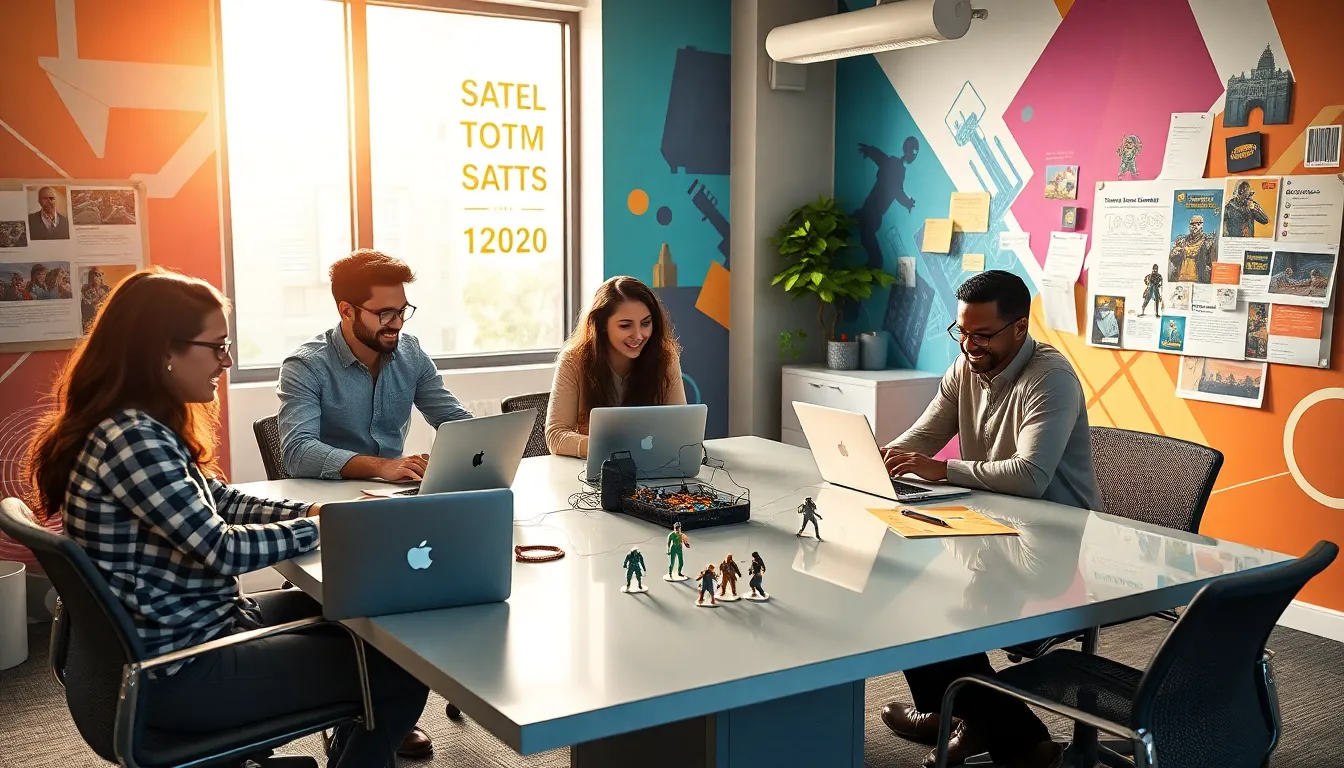 diverse team collaborating on game designs in a bright workspace.