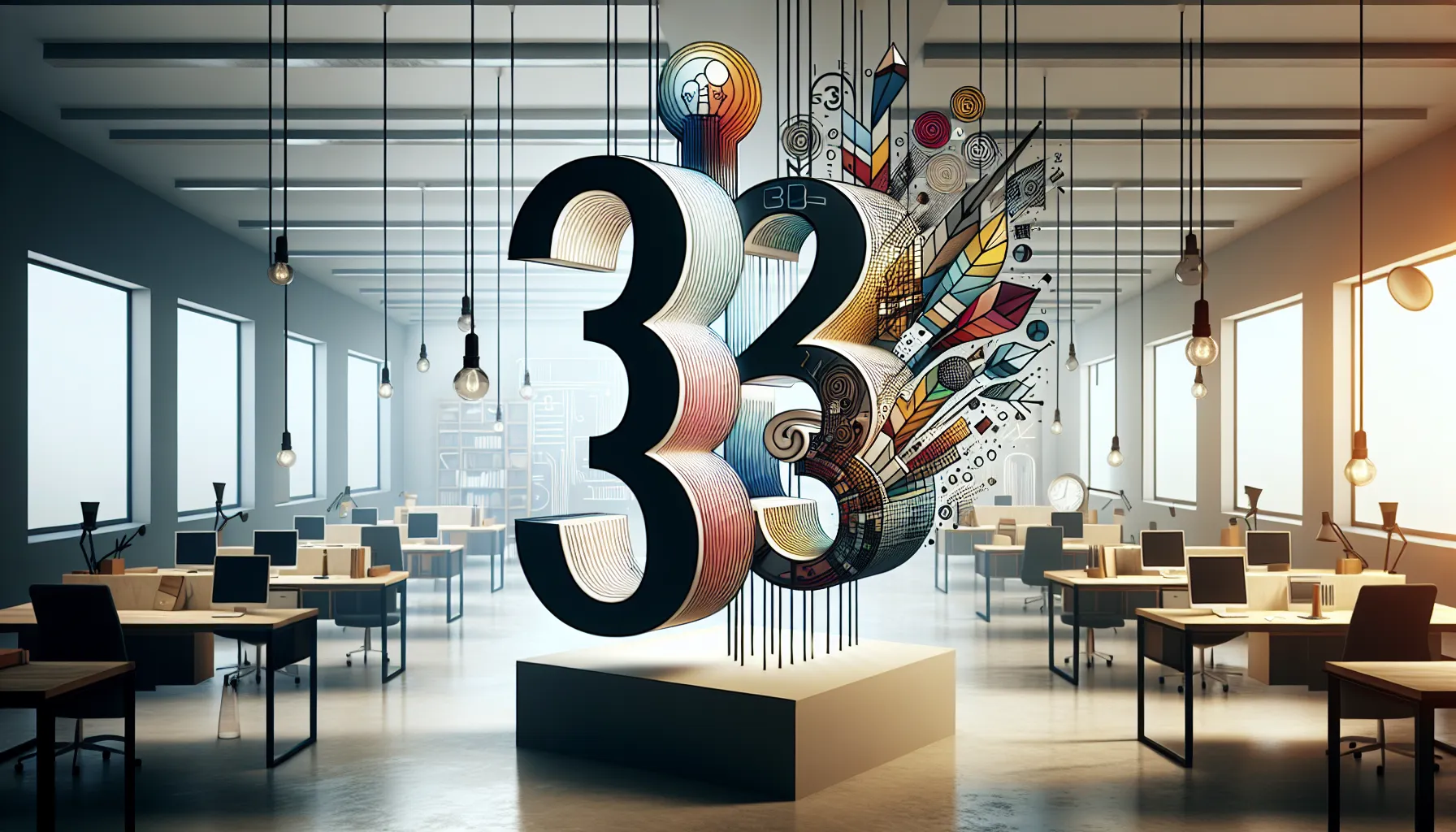 Artistic representation of the number sequence 3334861848 in a modern office setting.