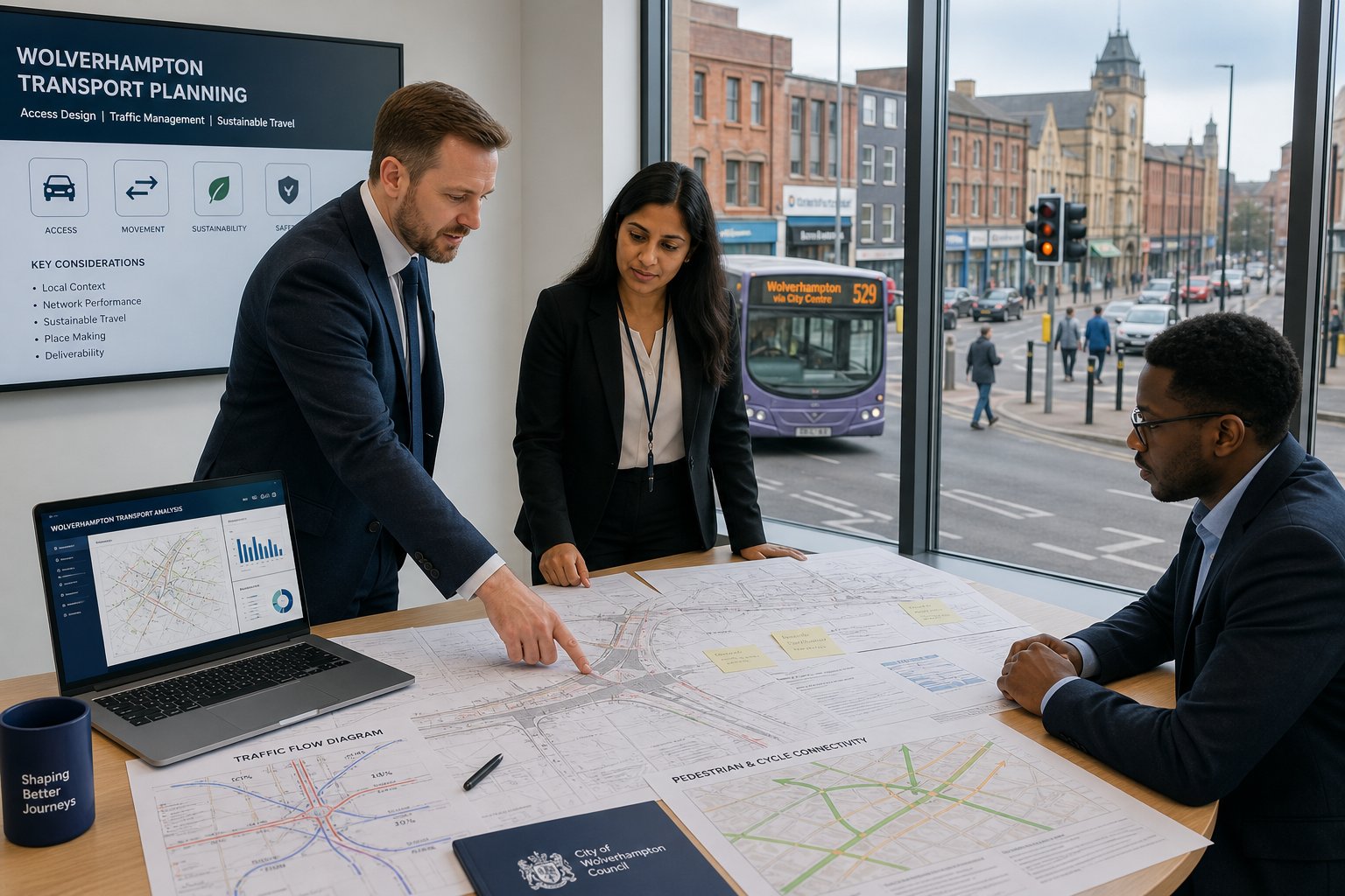 Traffic engineer reviewing Wolverhampton transport plans in a modern office.