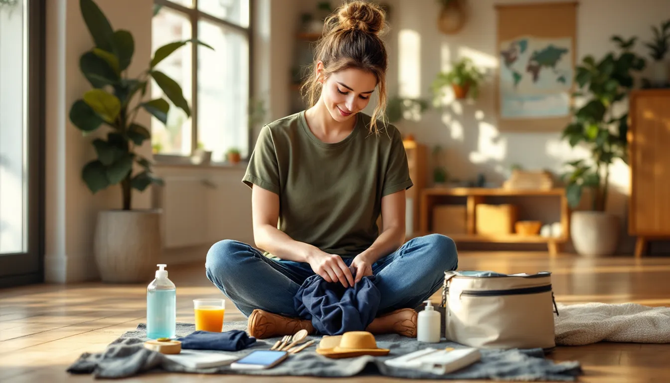 Woman packing a carry-on suitcase with reusable travel essentials at home.