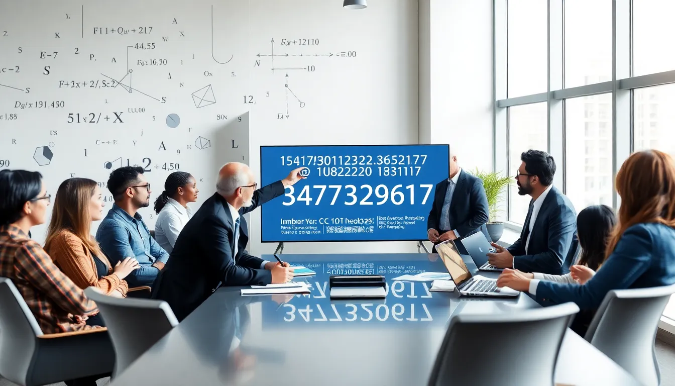 professionals discussing mathematical properties in a modern office.