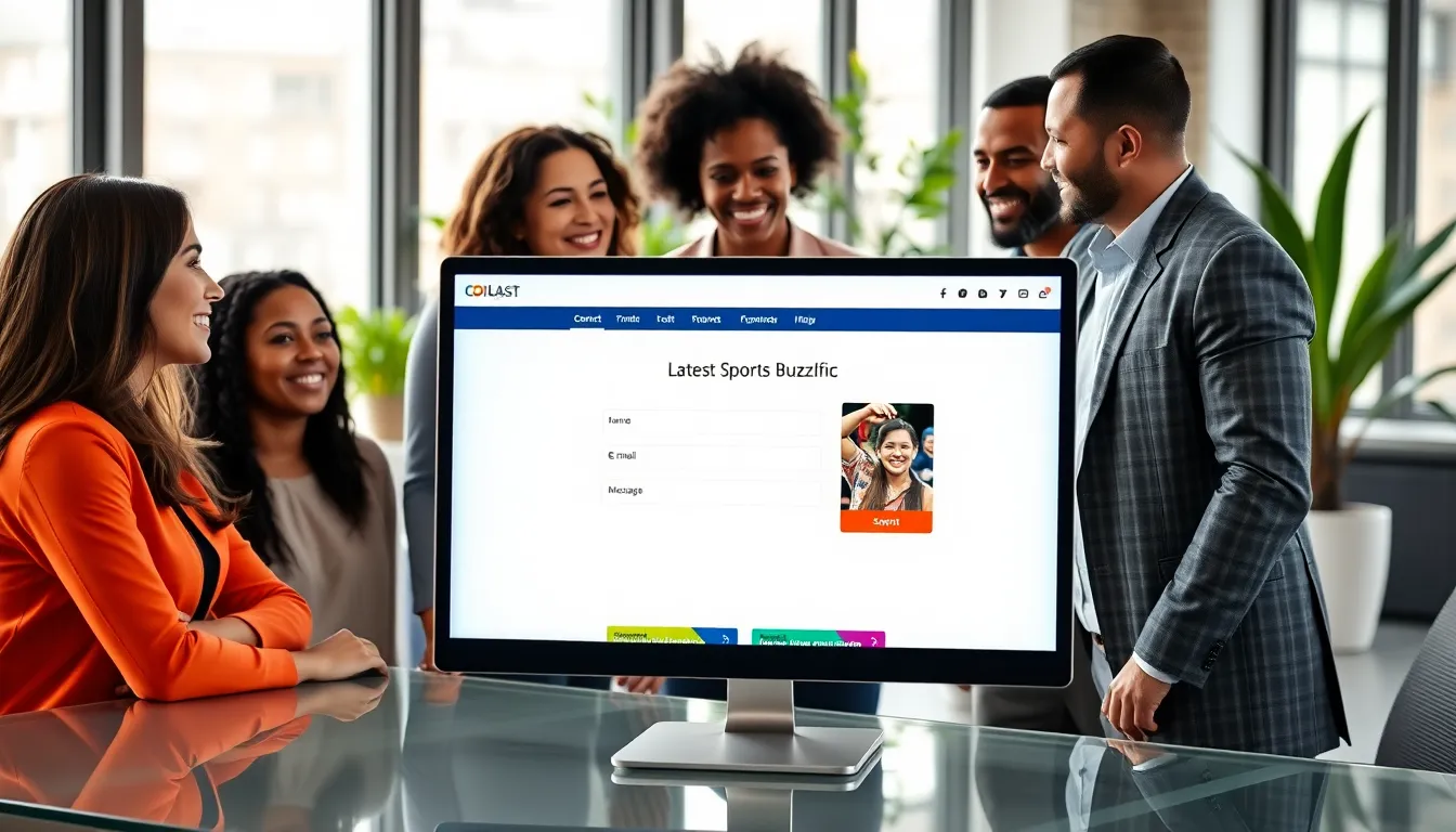Diverse professionals discussing a contact page in a modern office.